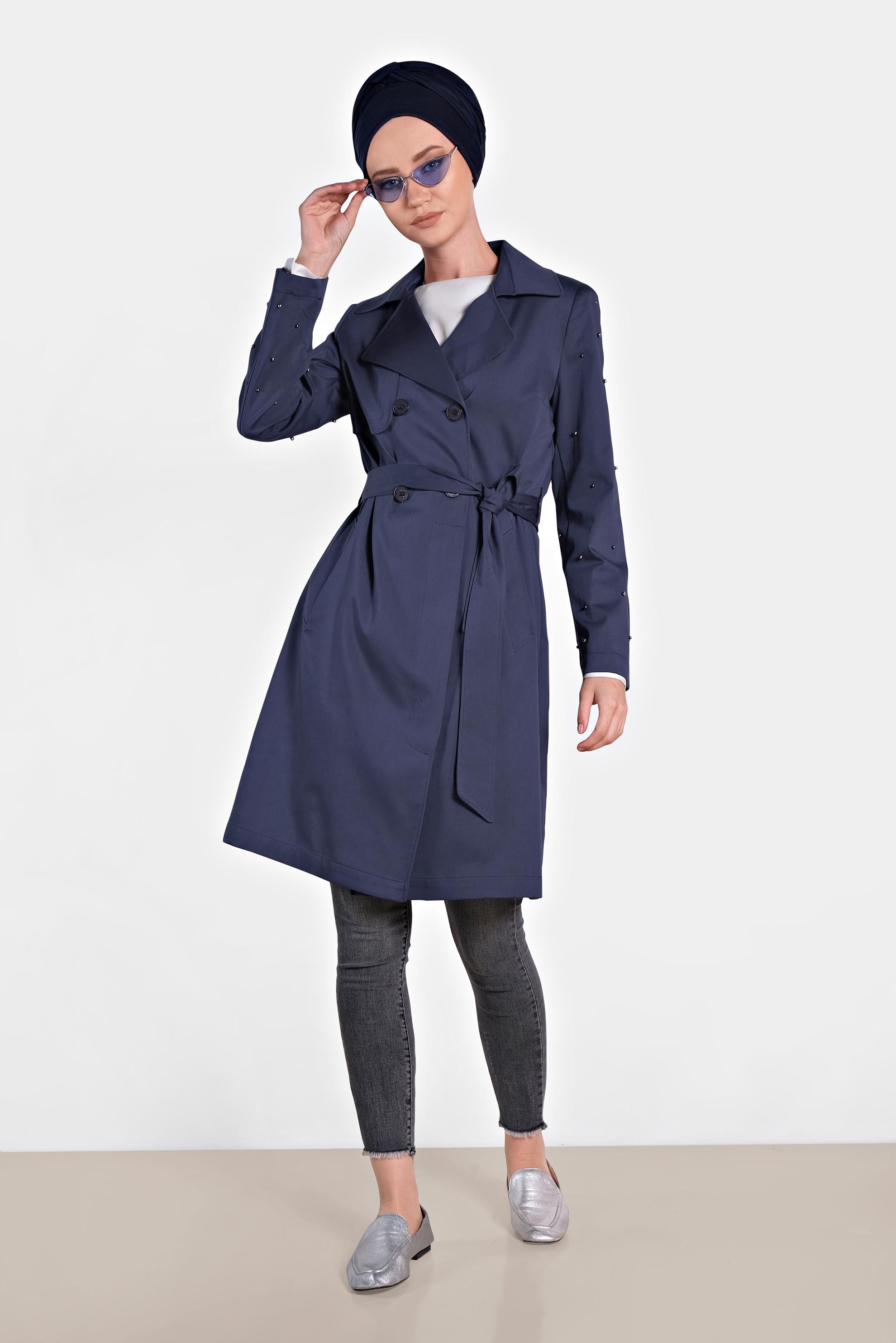 Tesettür giyim LACİVERT İNCİ İŞLEMELİ TRENÇKOT 1240