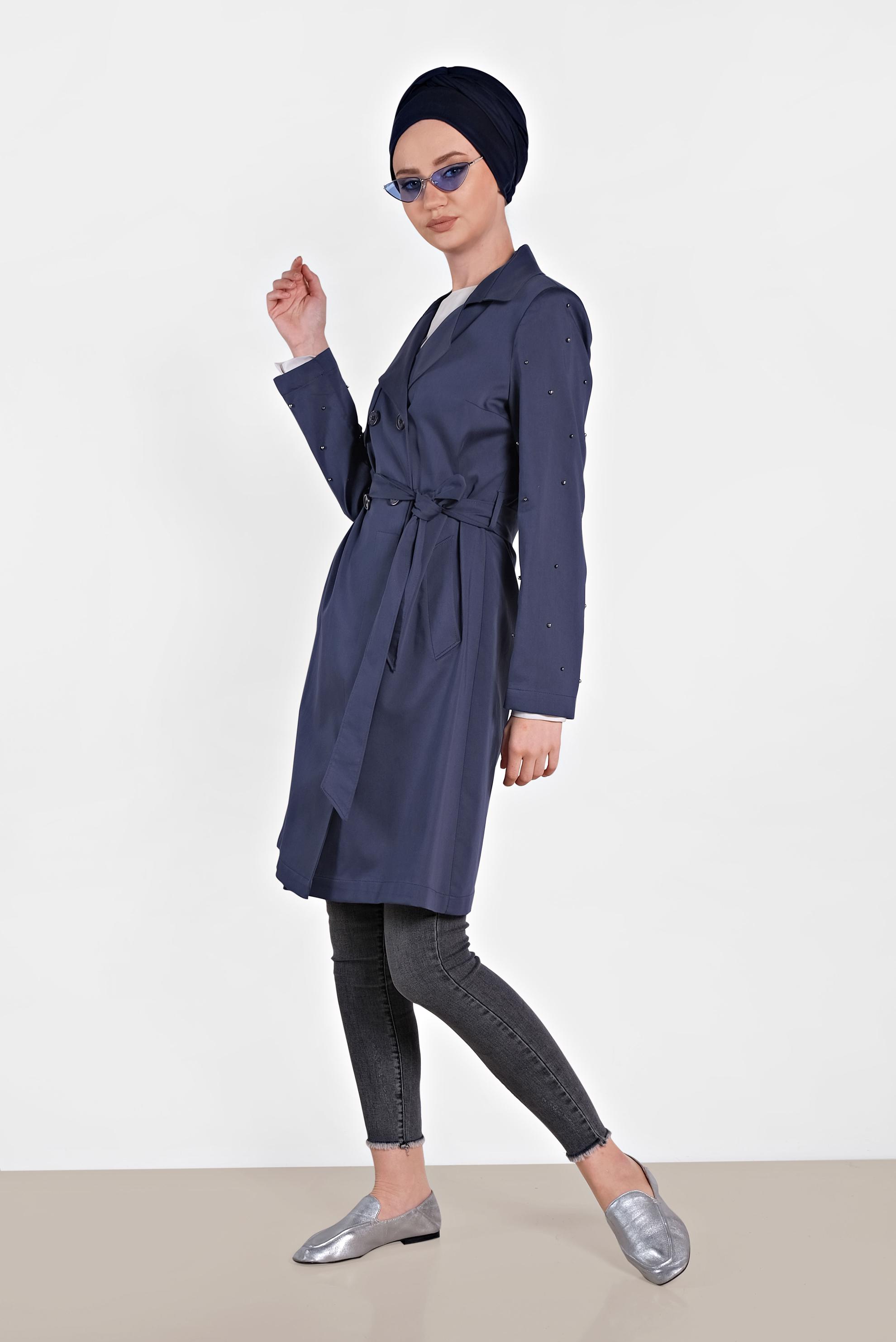 Tesettür giyim LACİVERT İNCİ İŞLEMELİ TRENÇKOT 1240
