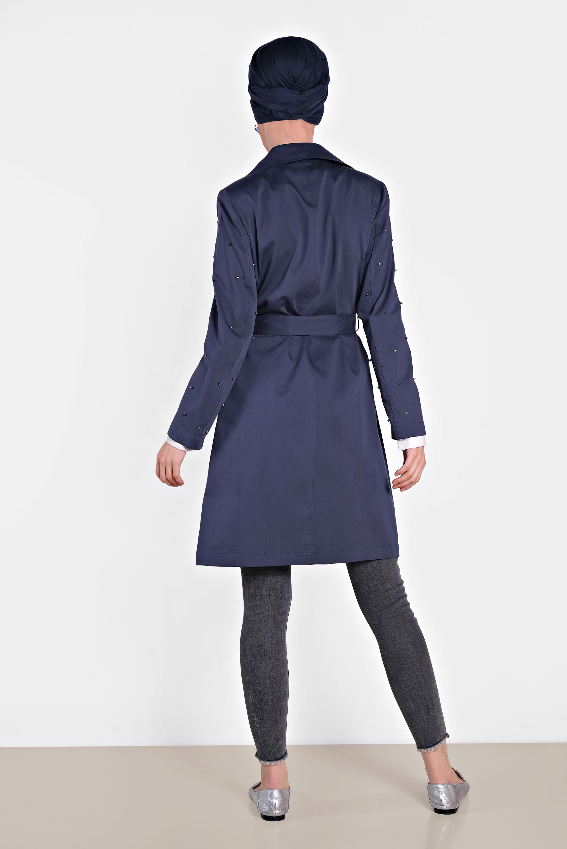 Tesettür giyim LACİVERT İNCİ İŞLEMELİ TRENÇKOT 1240