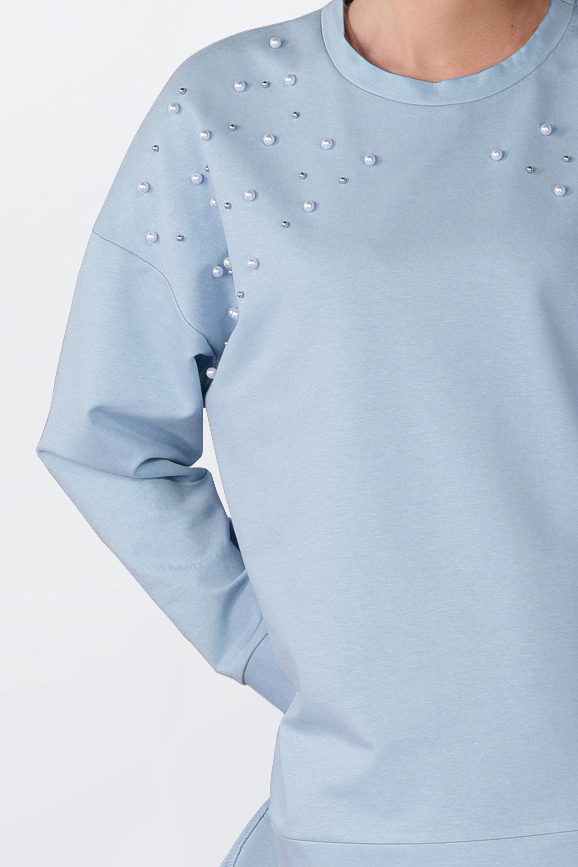 Tesettür giyim MAVİ İNCİ DETAYLI YIRTMAÇLI BLUZ 4232