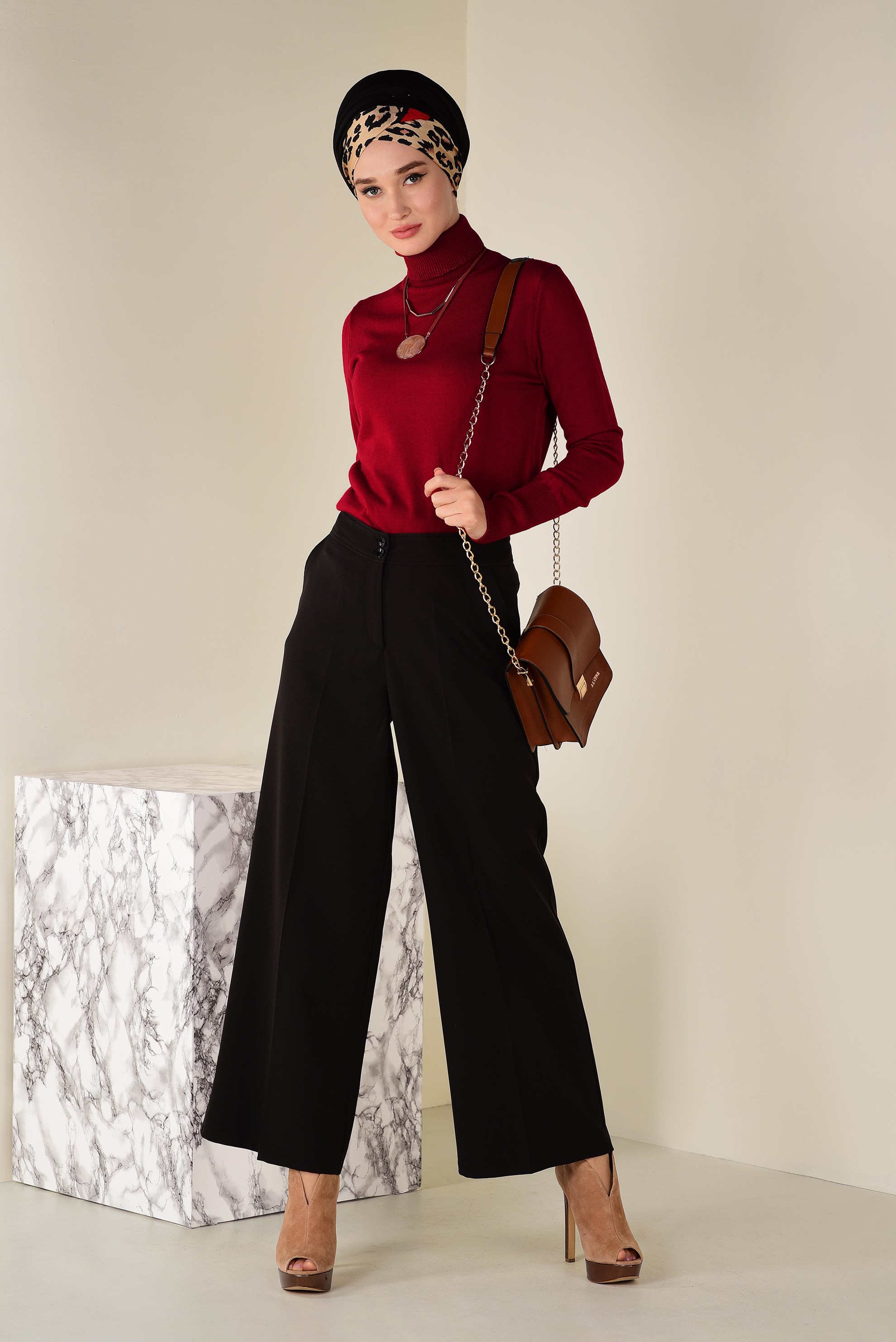 Tesettür giyim KIRMIZI BALIKÇI YAKA TRİKO KAZAK 4507