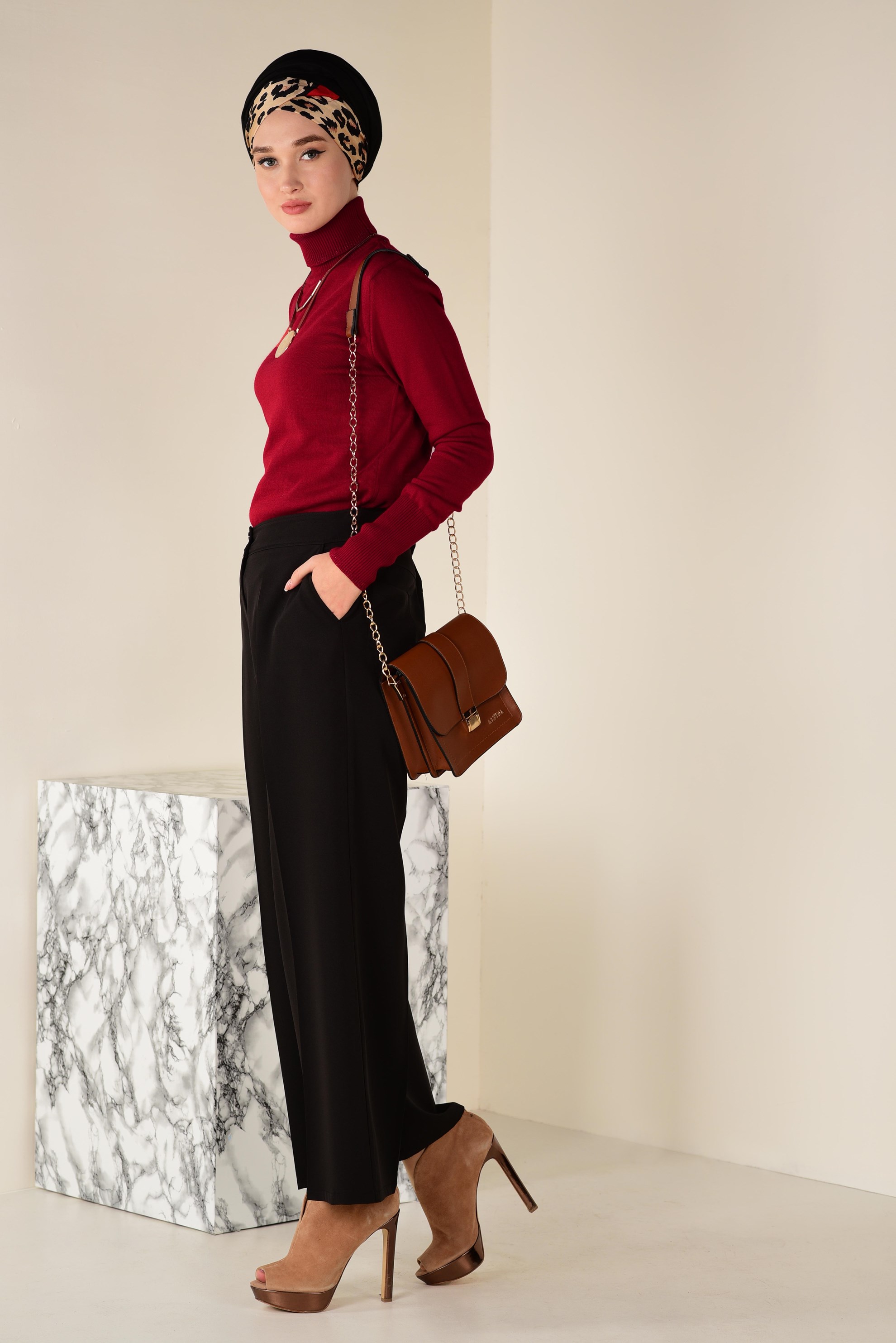 Tesettür giyim KIRMIZI BALIKÇI YAKA TRİKO KAZAK 4507