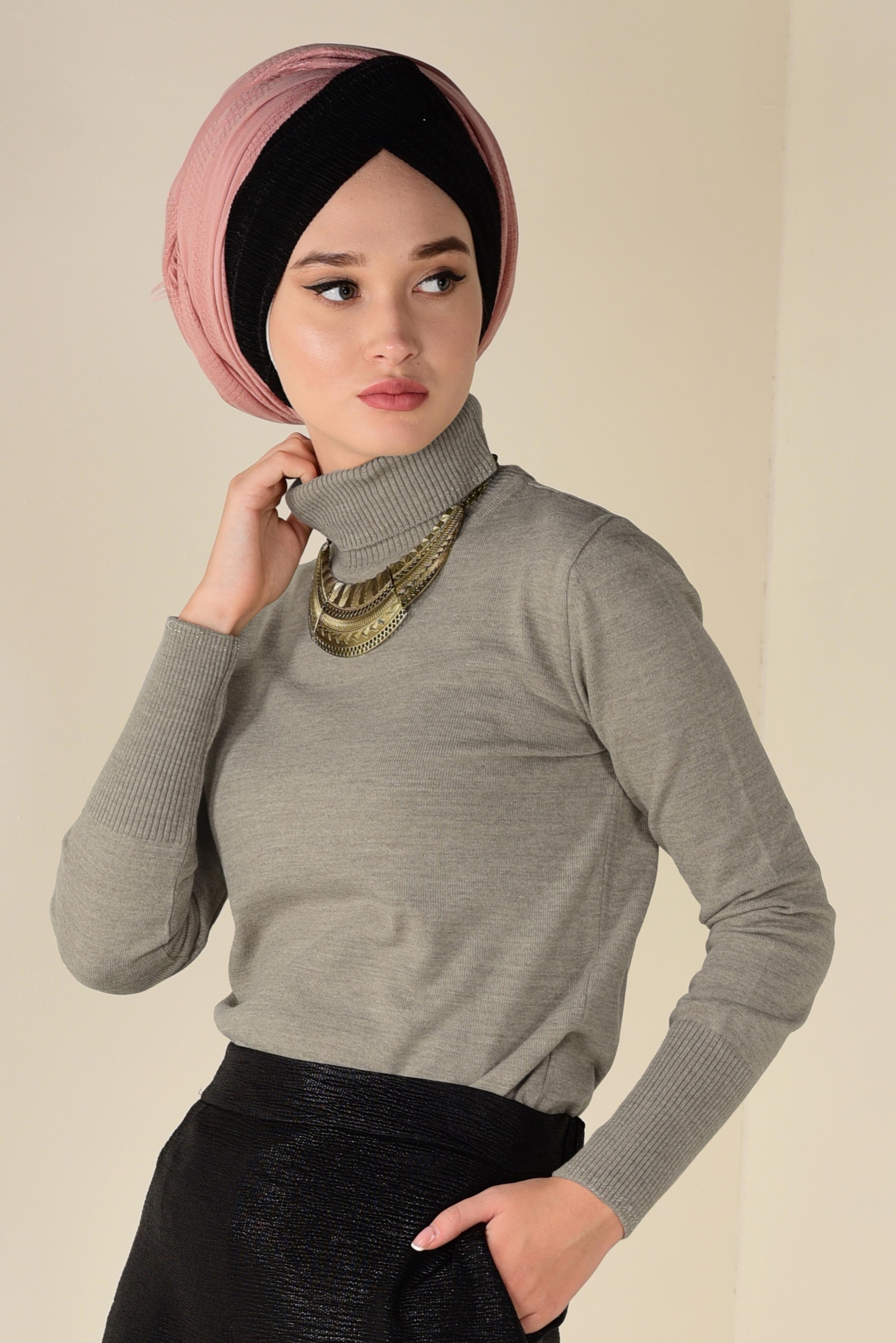 Tesettür giyim BEJ BALIKÇI YAKA TRİKO KAZAK 4507