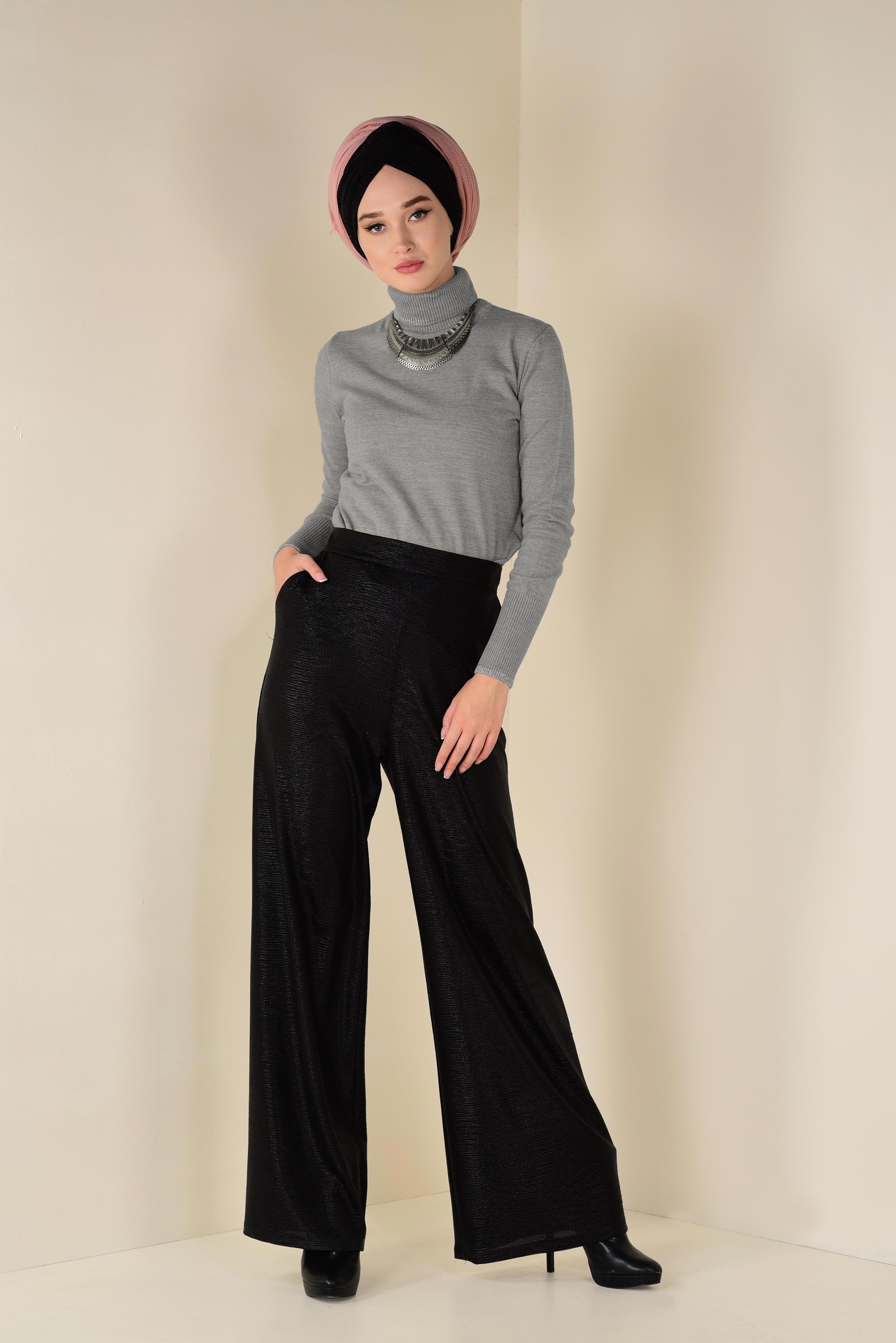 Tesettür giyim GRİ BALIKÇI YAKA TRİKO KAZAK 4507