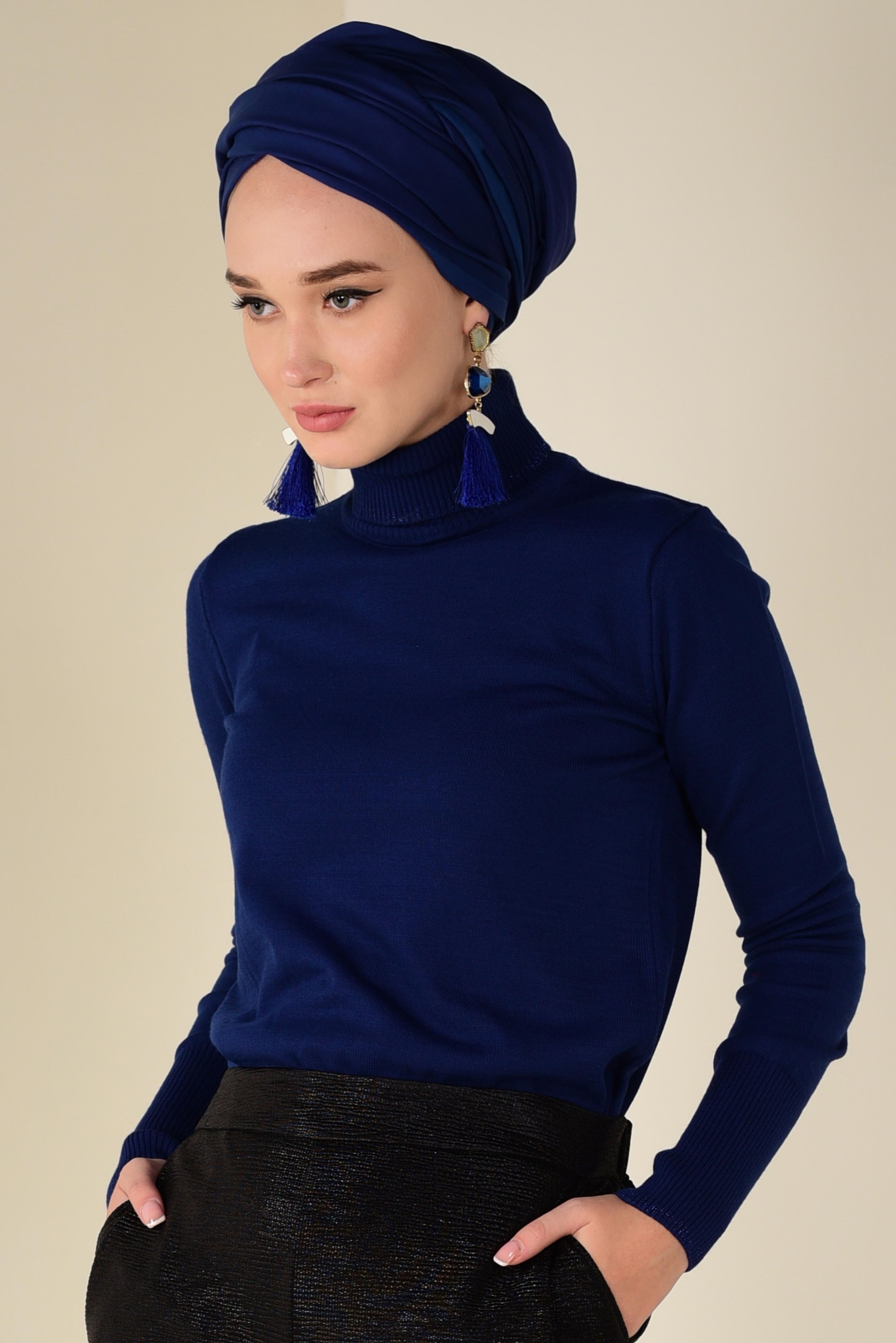 Tesettür giyim LACİVERT BALIKÇI YAKA TRİKO KAZAK 4507
