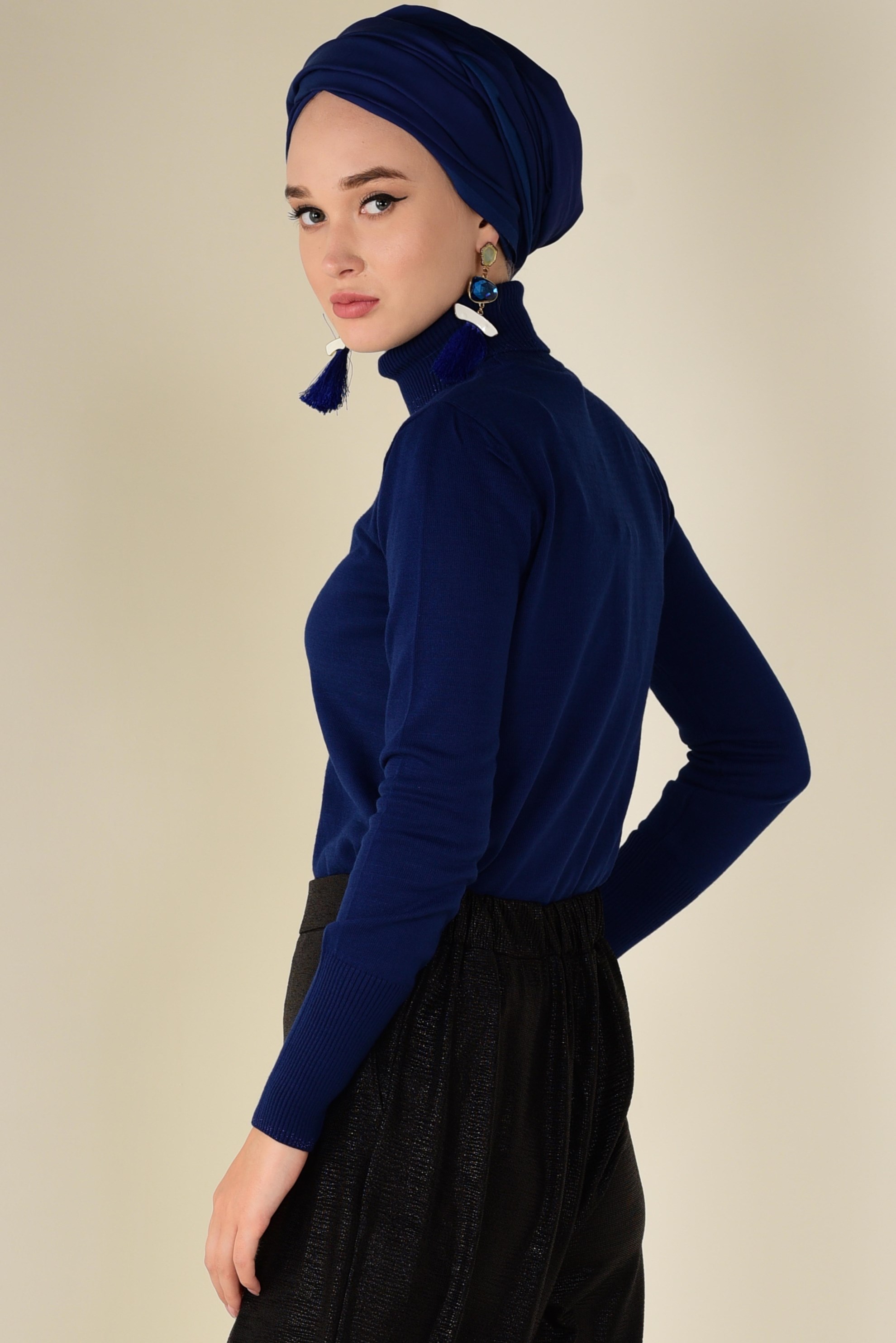 Tesettür giyim LACİVERT BALIKÇI YAKA TRİKO KAZAK 4507