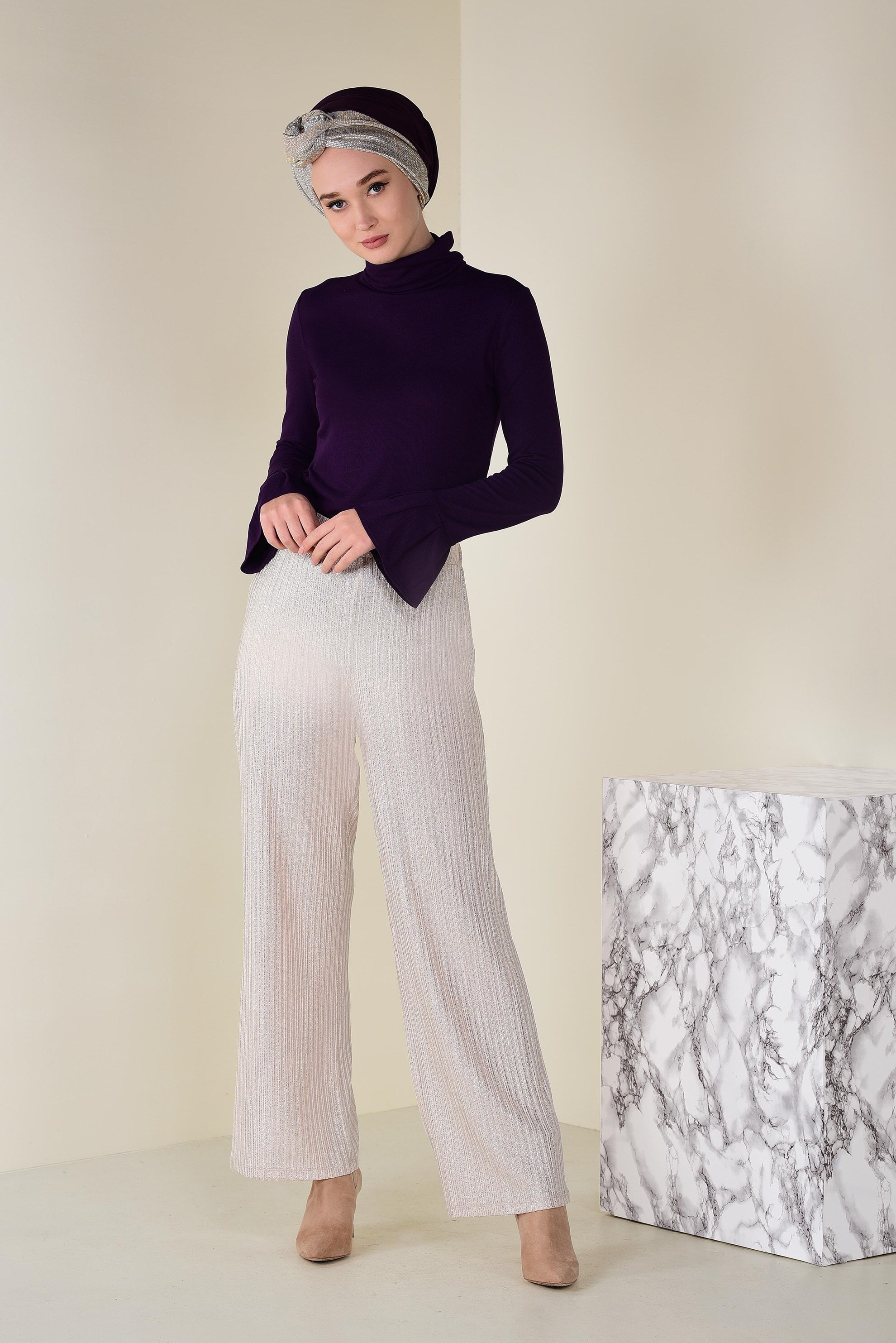 Tesettür giyim MOR KOLLARI VOLANLI BADİ 4576 