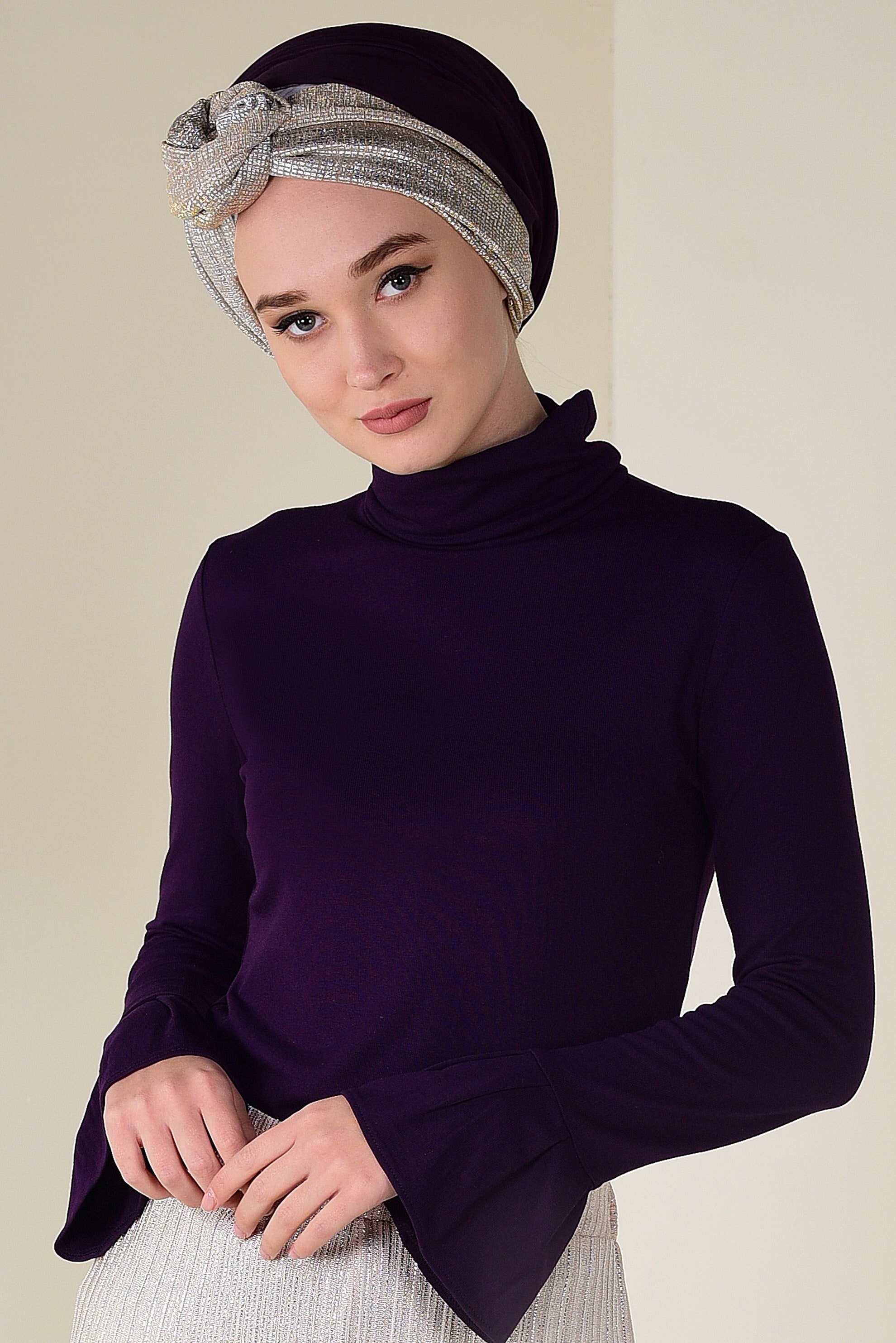 Tesettür giyim MOR KOLLARI VOLANLI BADİ 4576 