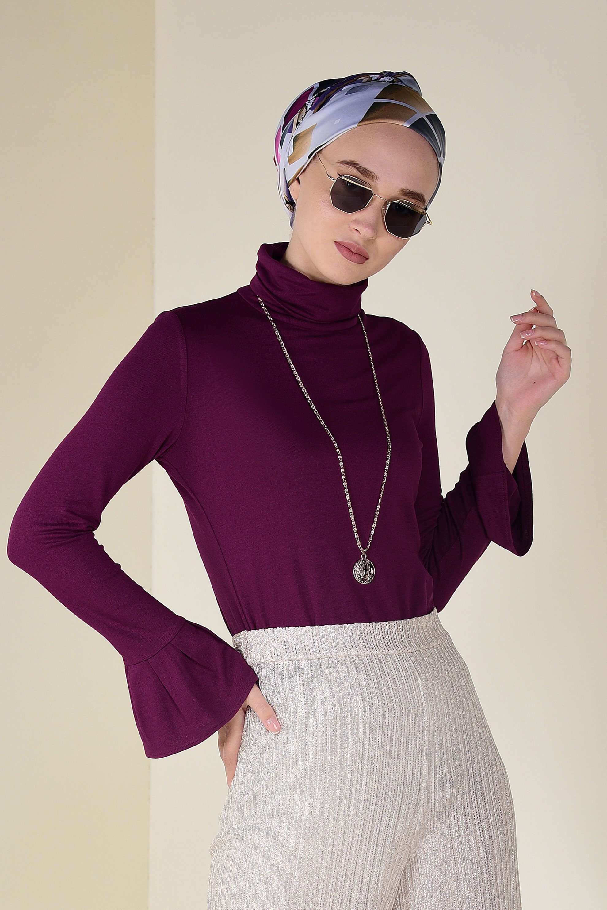 Tesettür giyim MOR KOLLARI VOLANLI BADİ 4576 