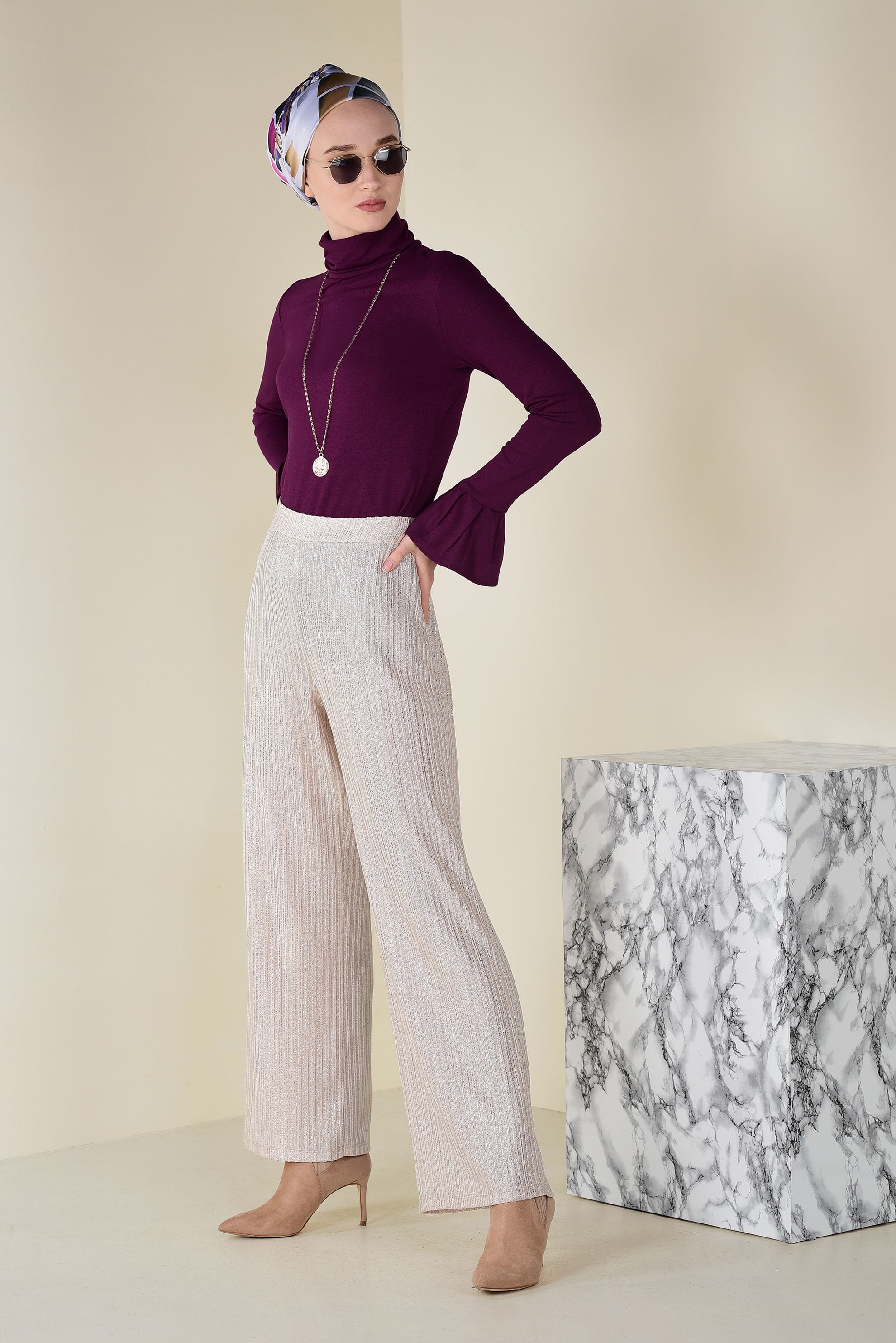 Tesettür giyim MOR KOLLARI VOLANLI BADİ 4576 