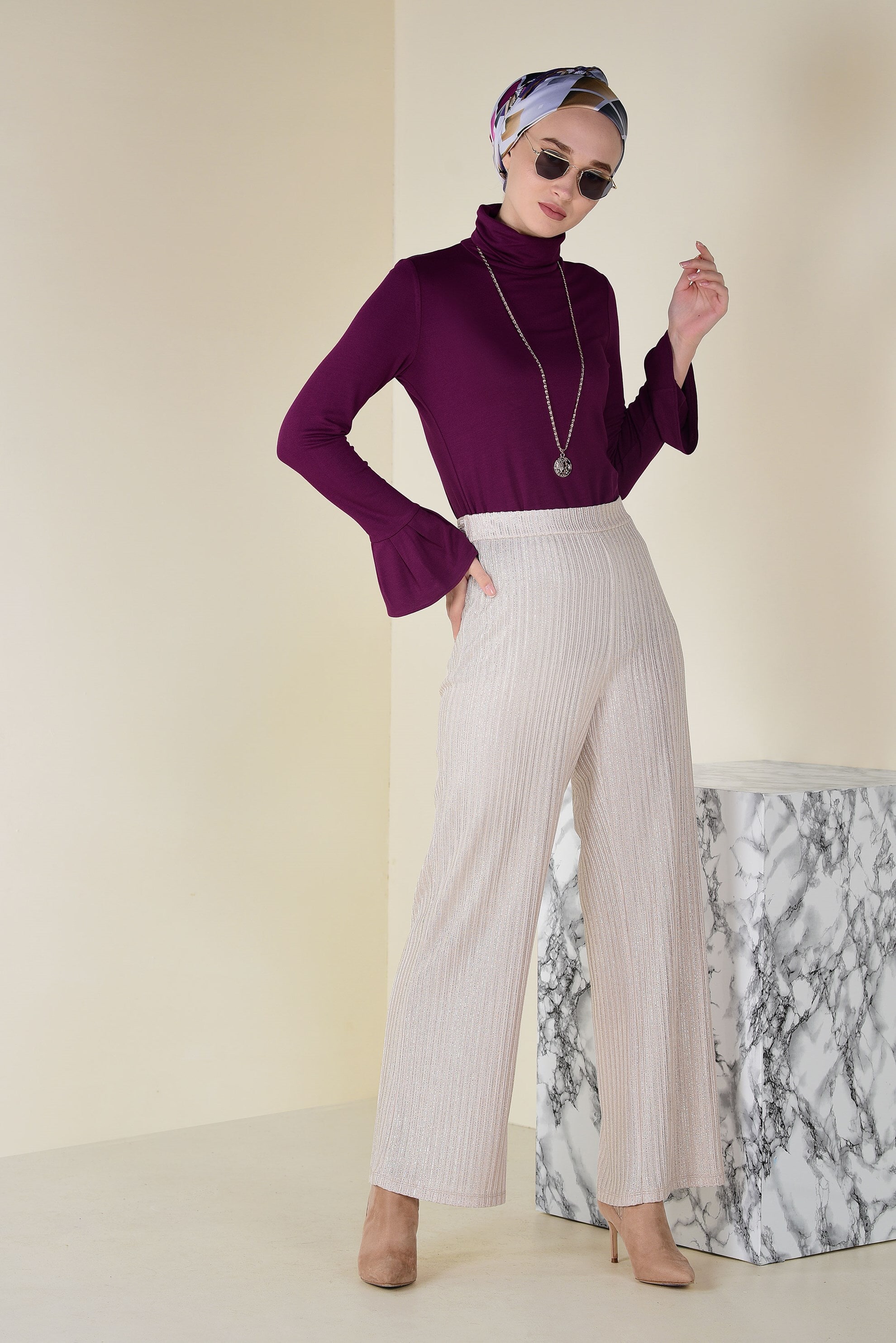 Tesettür giyim MOR KOLLARI VOLANLI BADİ 4576 