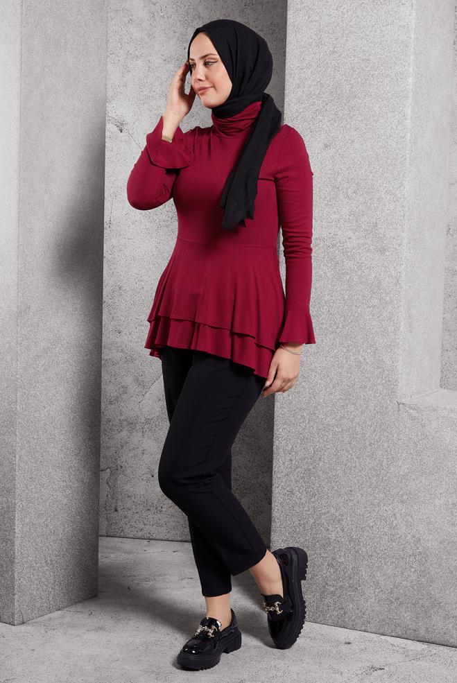 Vêtements hijab ROUGE CHEMISIER À OURLET À RUCHÉ 4614  - ALVİNA