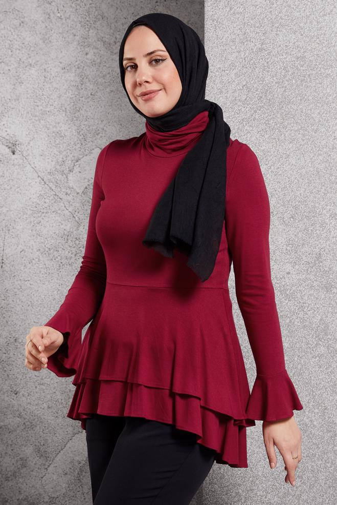 Vêtements hijab ROUGE CHEMISIER À OURLET À RUCHÉ 4614  - ALVİNA