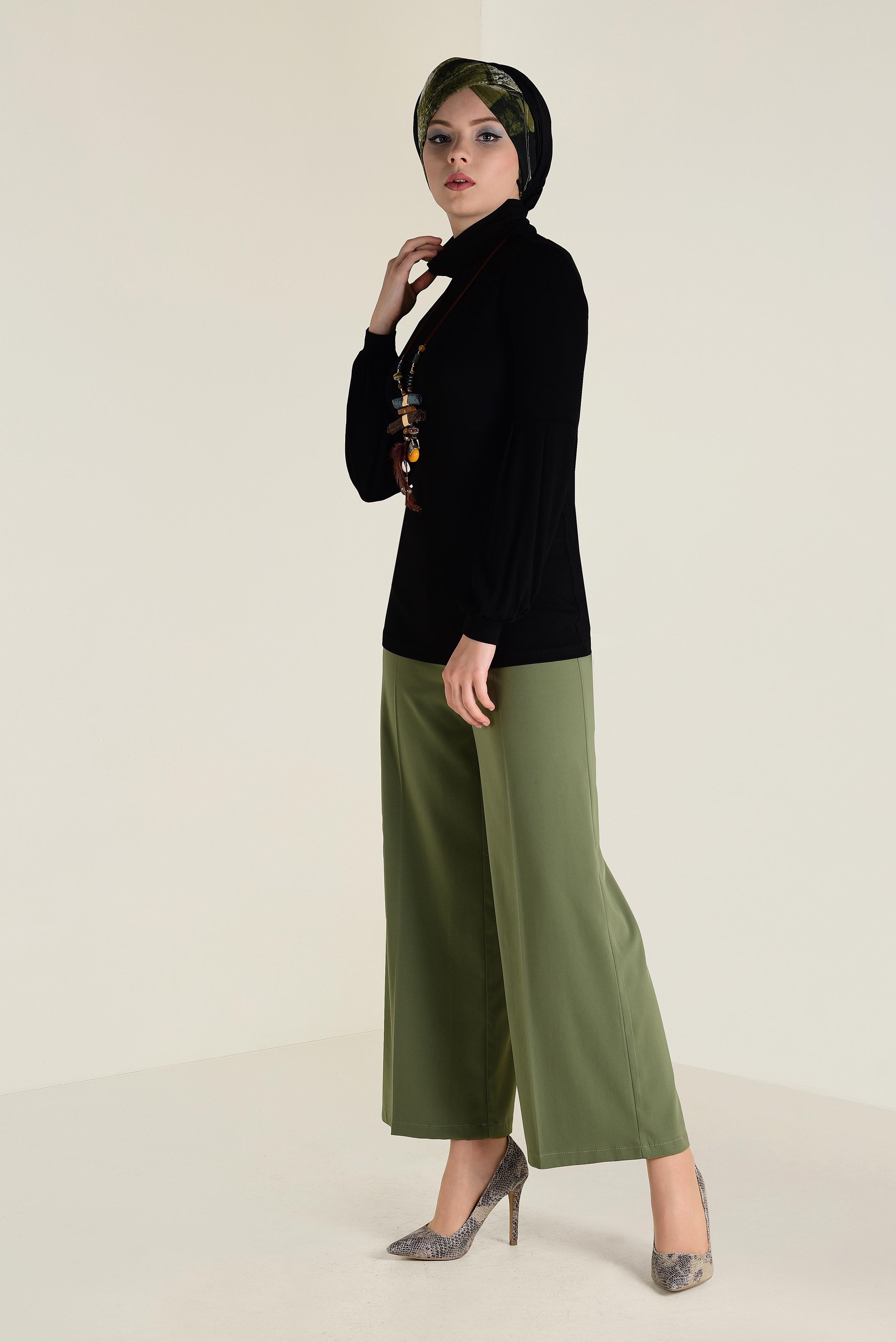 Tesettür giyim SİYAH BALON KOL BALIKÇI YAKA BLUZ 4640 