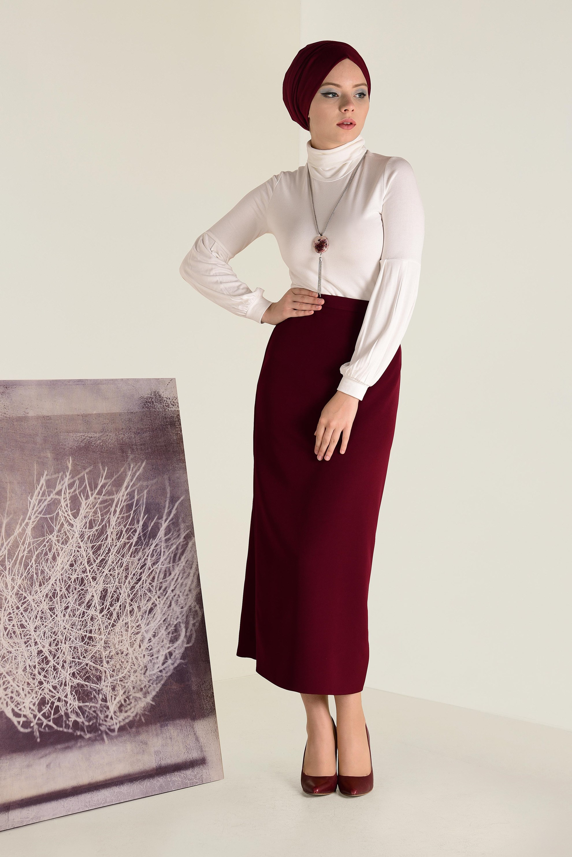 Tesettür giyim BEYAZ BALON KOL BALIKÇI YAKA BLUZ 4640 