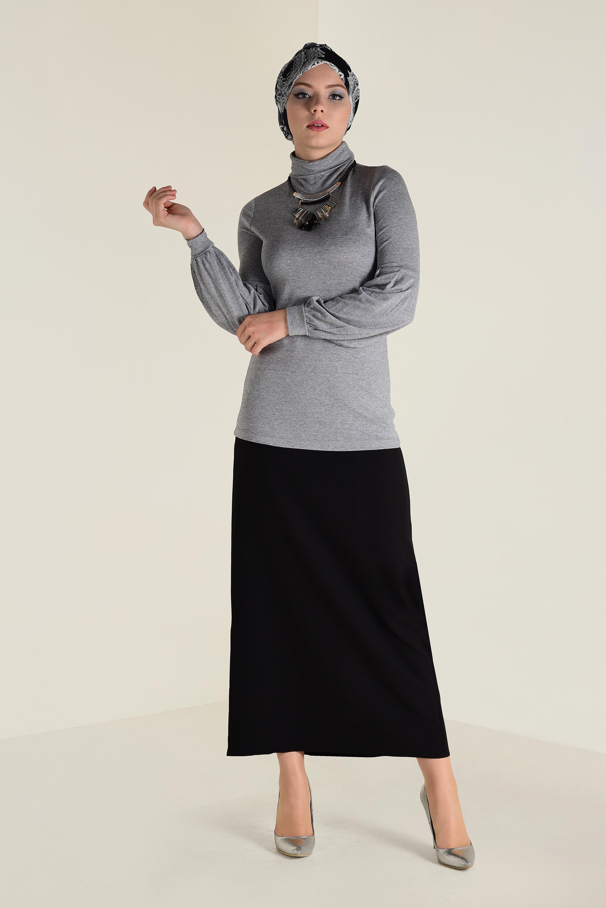 Tesettür giyim GRİ BALON KOL BALIKÇI YAKA BLUZ 4640