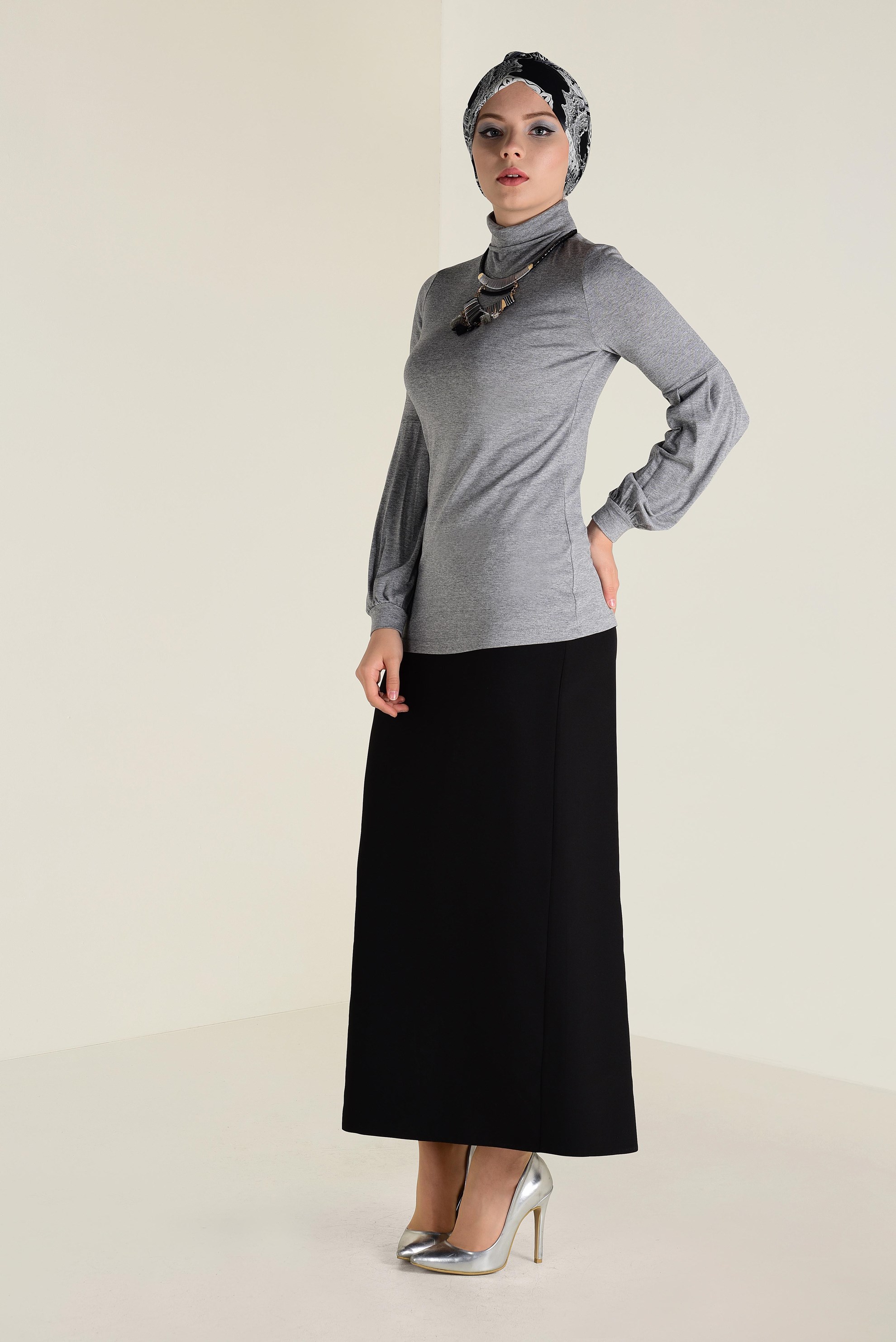 Tesettür giyim GRİ BALON KOL BALIKÇI YAKA BLUZ 4640