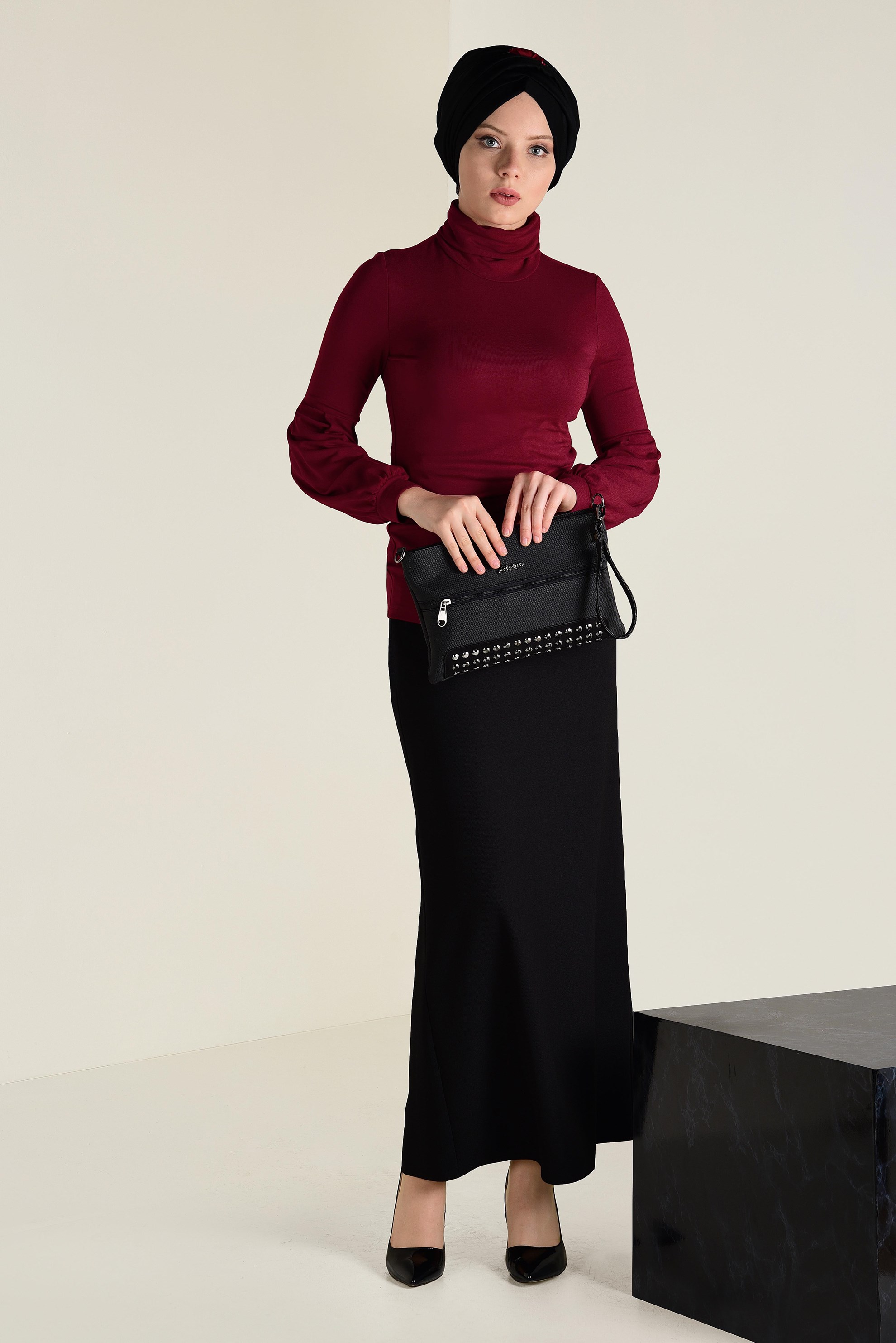 Tesettür giyim BORDO BALON KOL BALIKÇI YAKA BLUZ 4640 