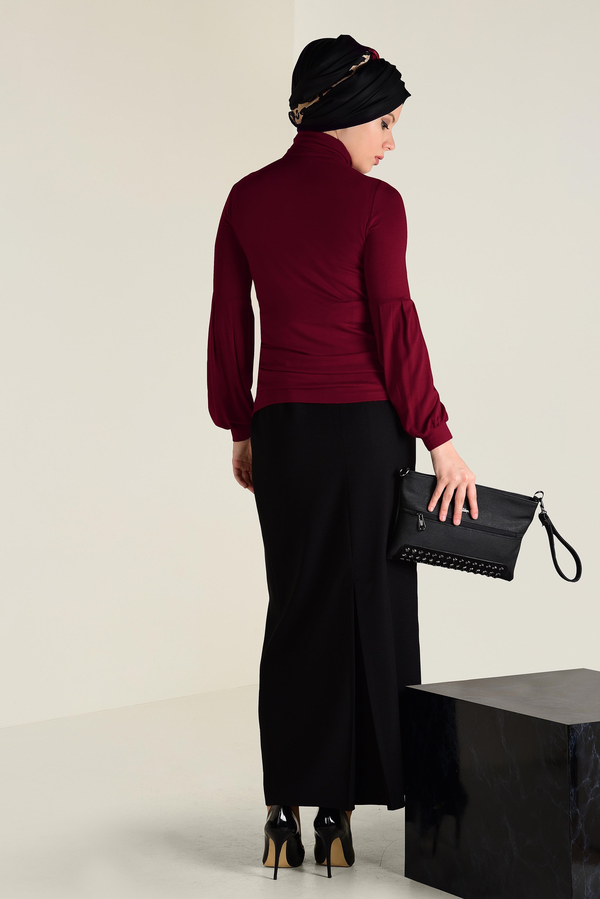 Tesettür giyim BORDO BALON KOL BALIKÇI YAKA BLUZ 4640 