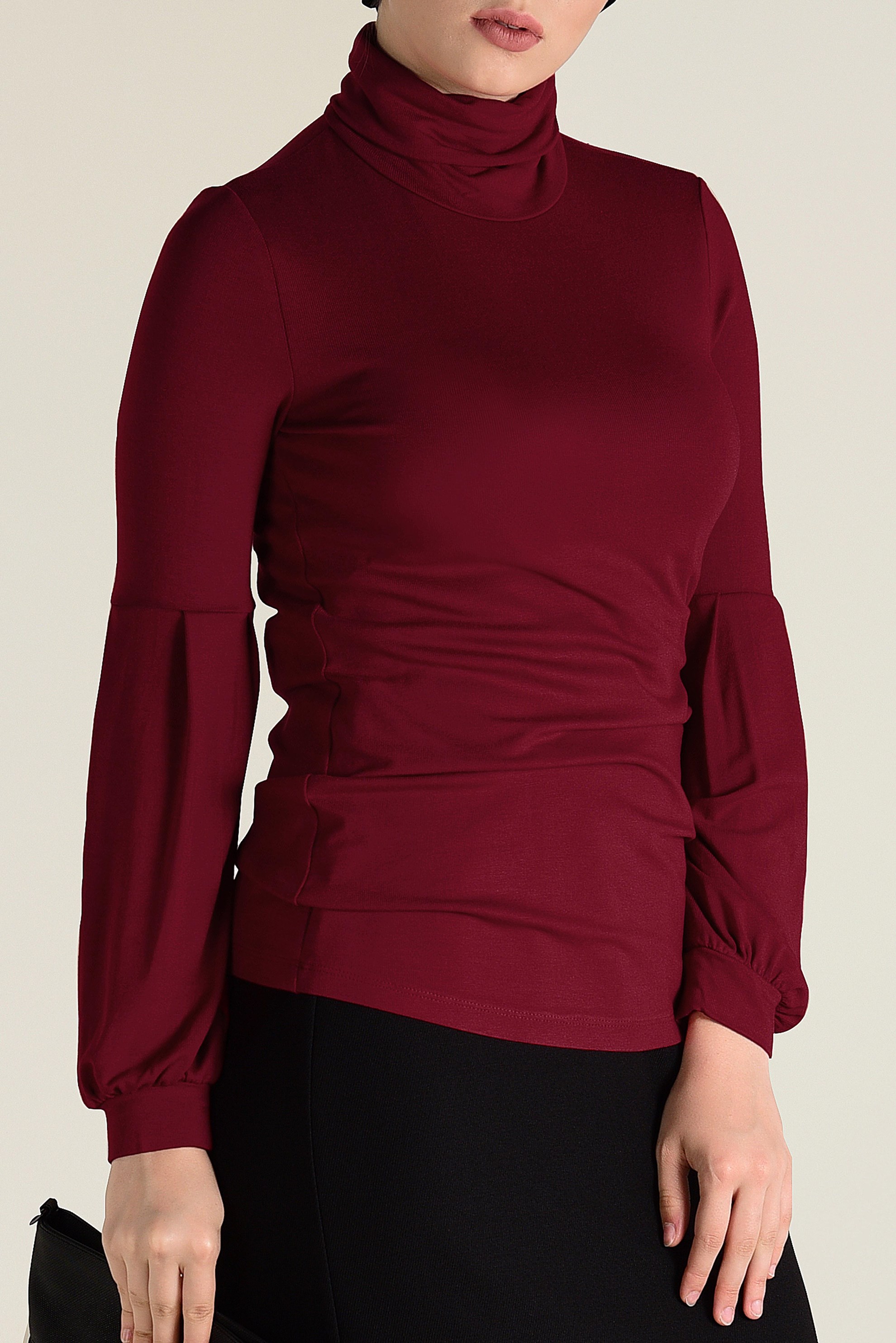 Tesettür giyim BORDO BALON KOL BALIKÇI YAKA BLUZ 4640 