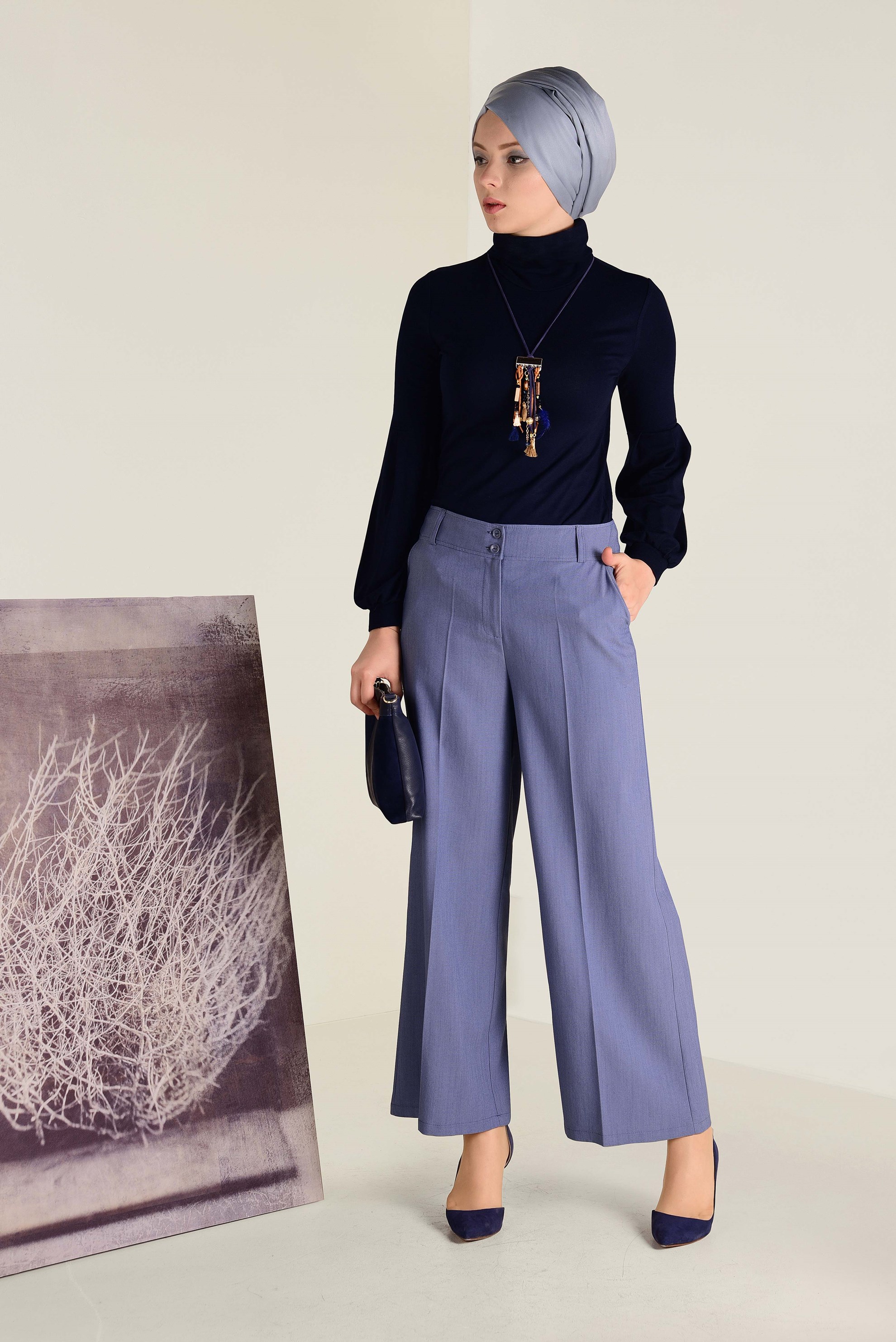 Tesettür giyim LACİVERT BALON KOL BALIKÇI YAKA BLUZ 4640 