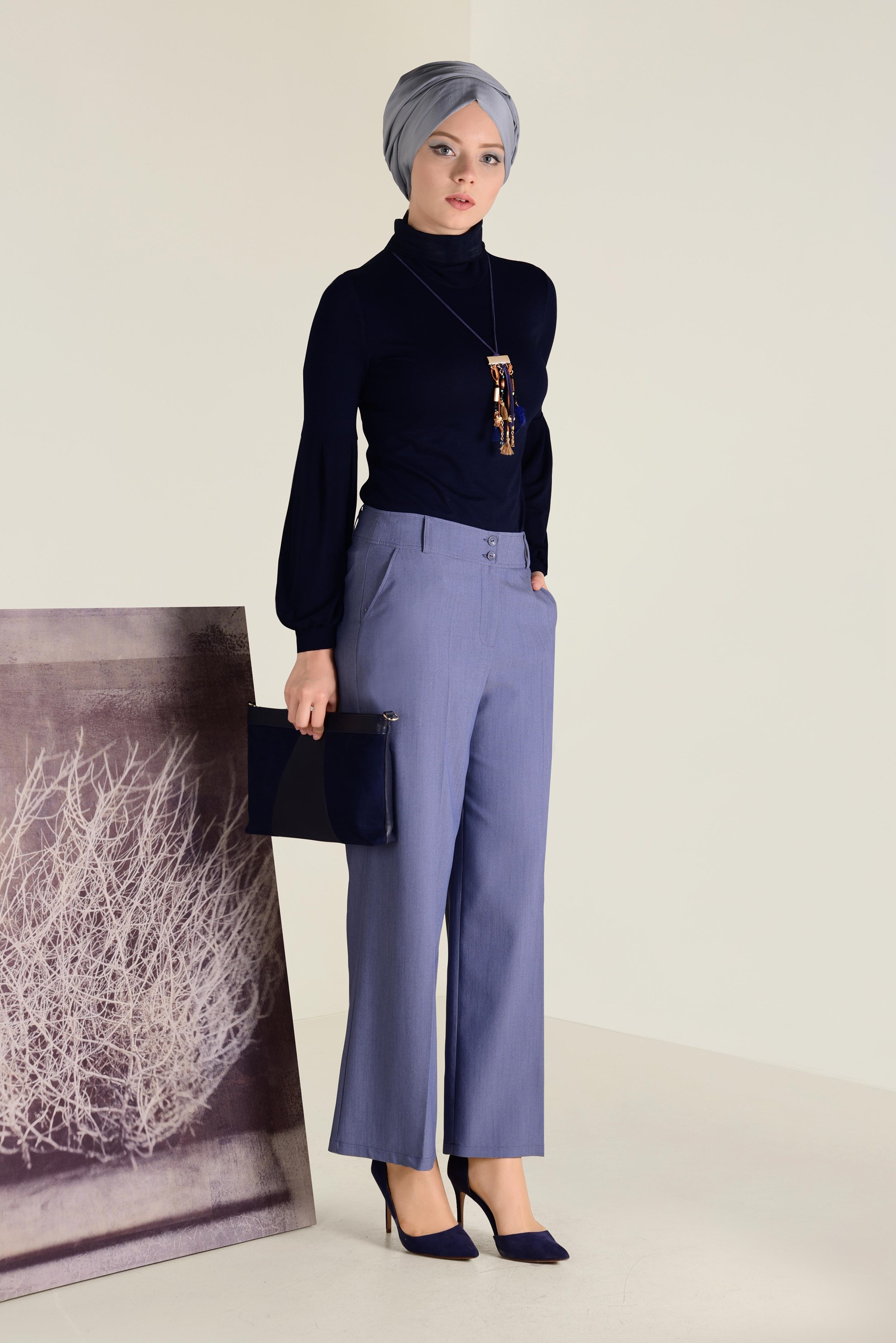 Tesettür giyim LACİVERT BALON KOL BALIKÇI YAKA BLUZ 4640 