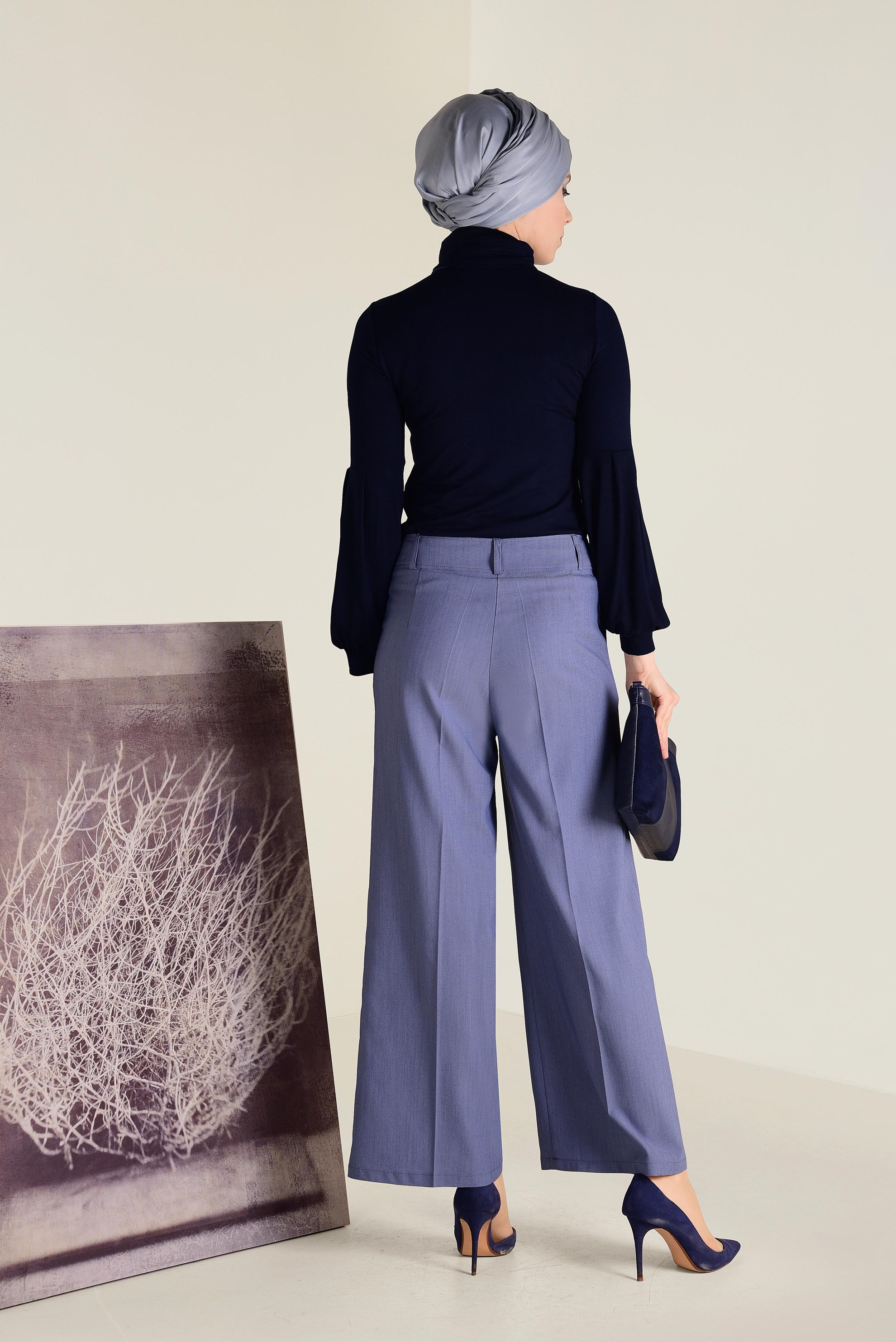 Tesettür giyim LACİVERT BALON KOL BALIKÇI YAKA BLUZ 4640 