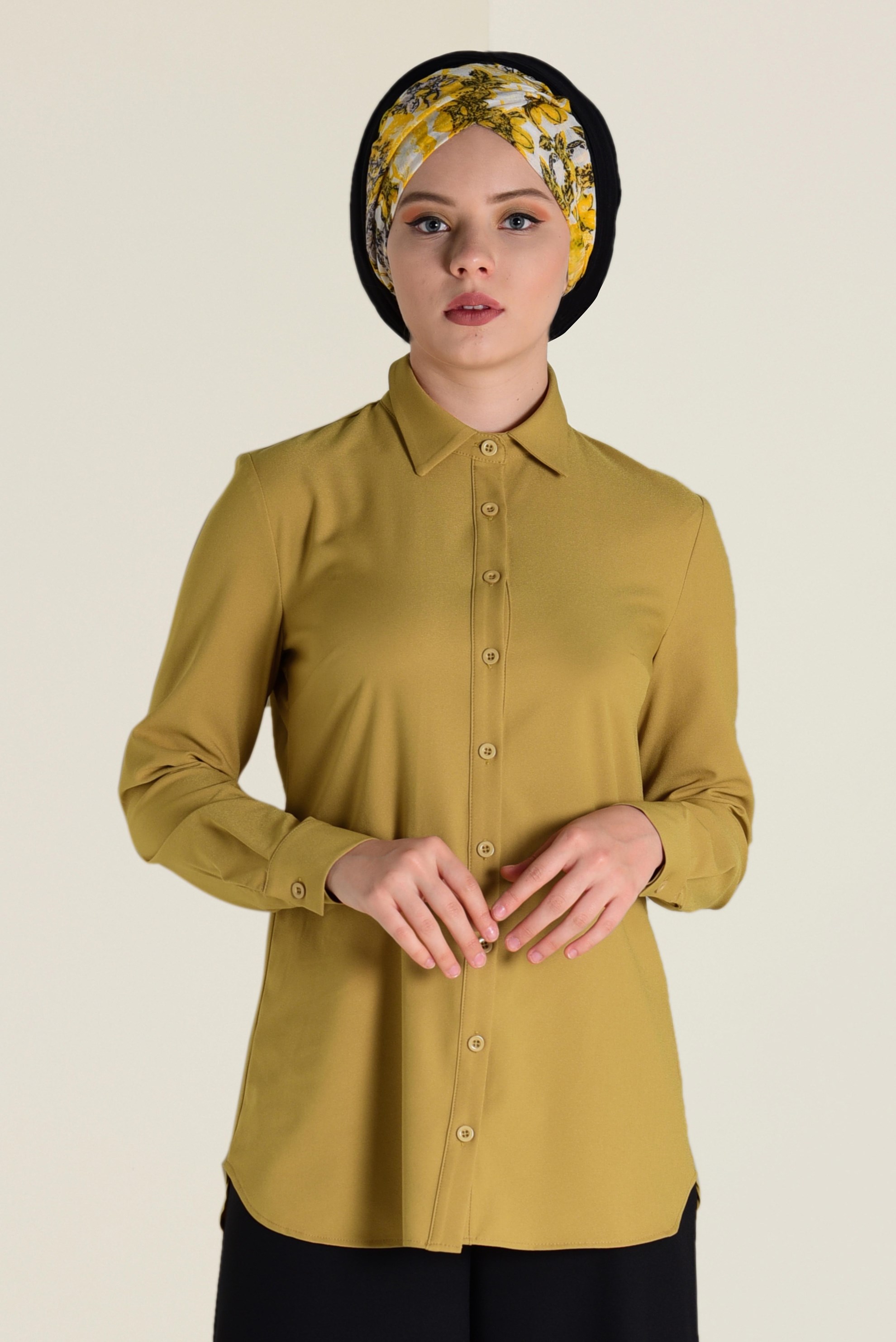 Tesettür giyim SARI ERKEK YAKA DÜĞMELİ BLUZ 4663