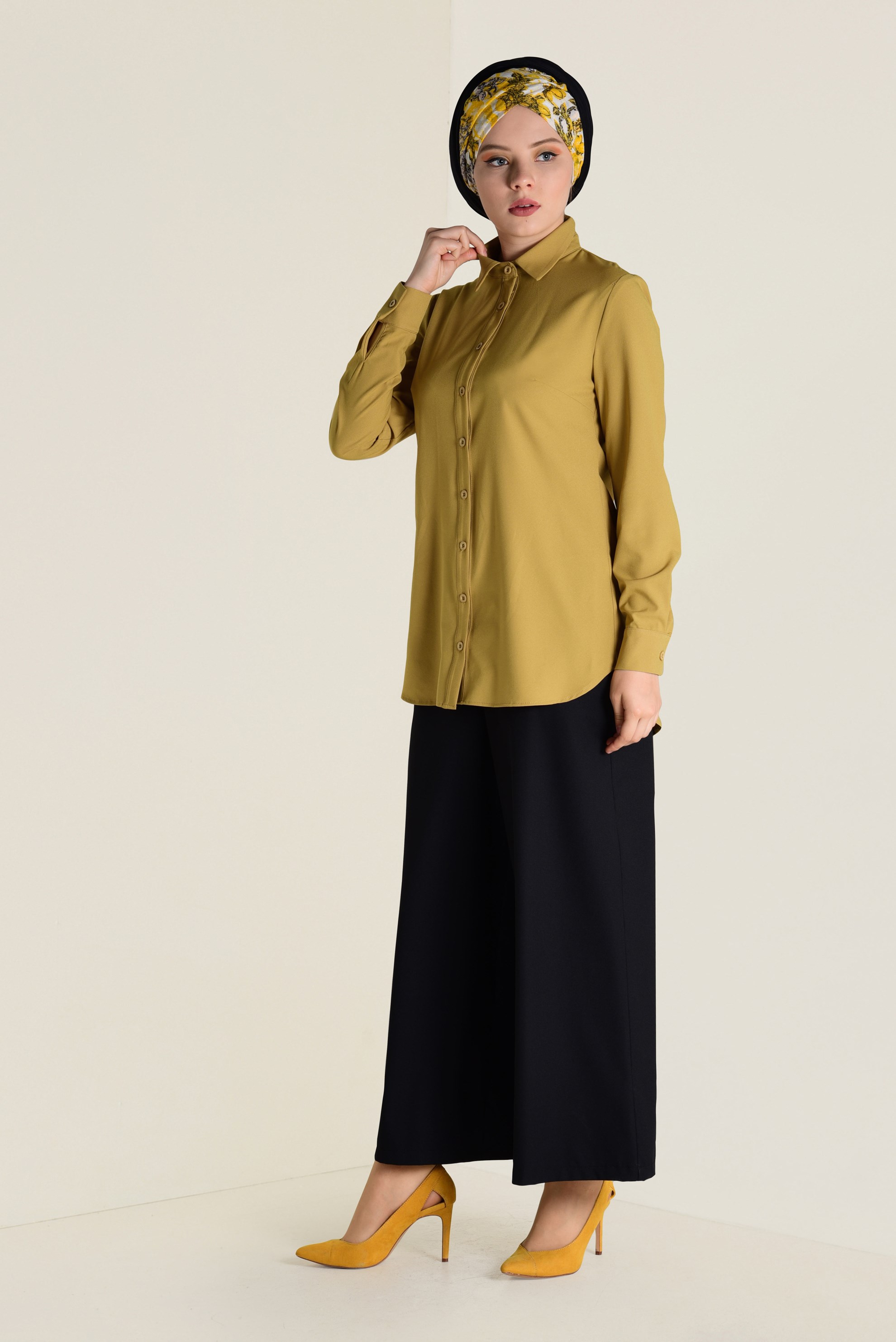 Tesettür giyim SARI ERKEK YAKA DÜĞMELİ BLUZ 4663