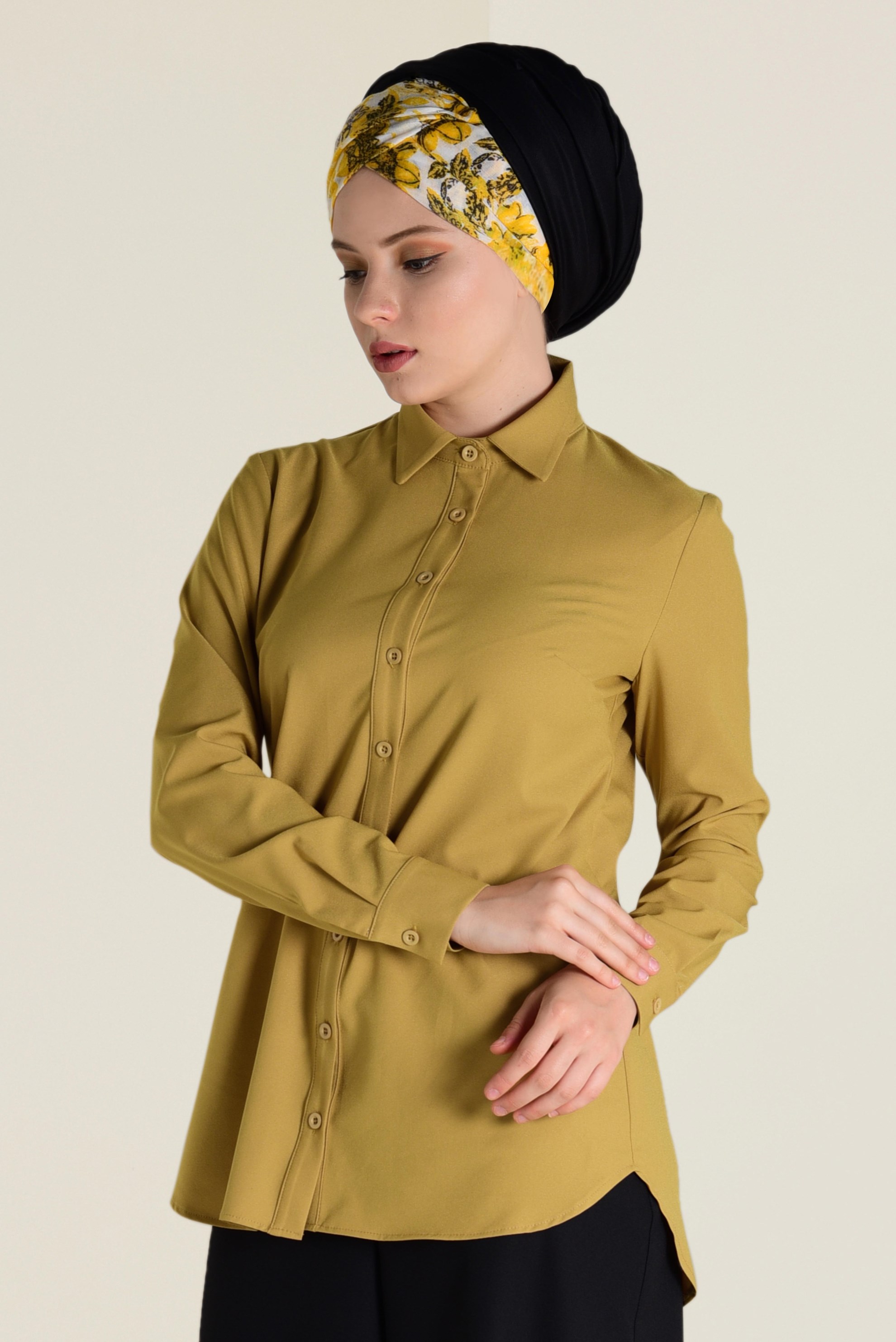 Tesettür giyim SARI ERKEK YAKA DÜĞMELİ BLUZ 4663