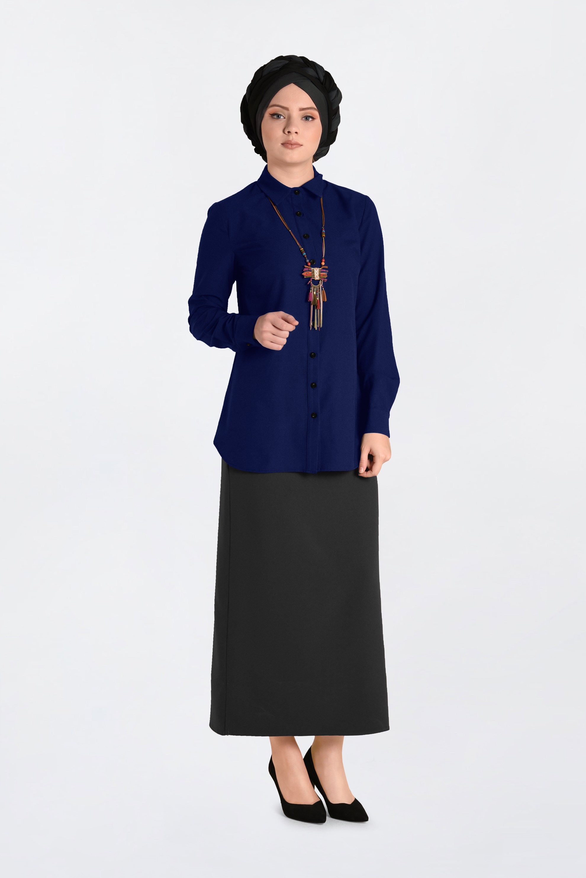 Hijab clothing NAVY BLUE SHIRT-COLLAR BUTTONED BLOUSE 4663 