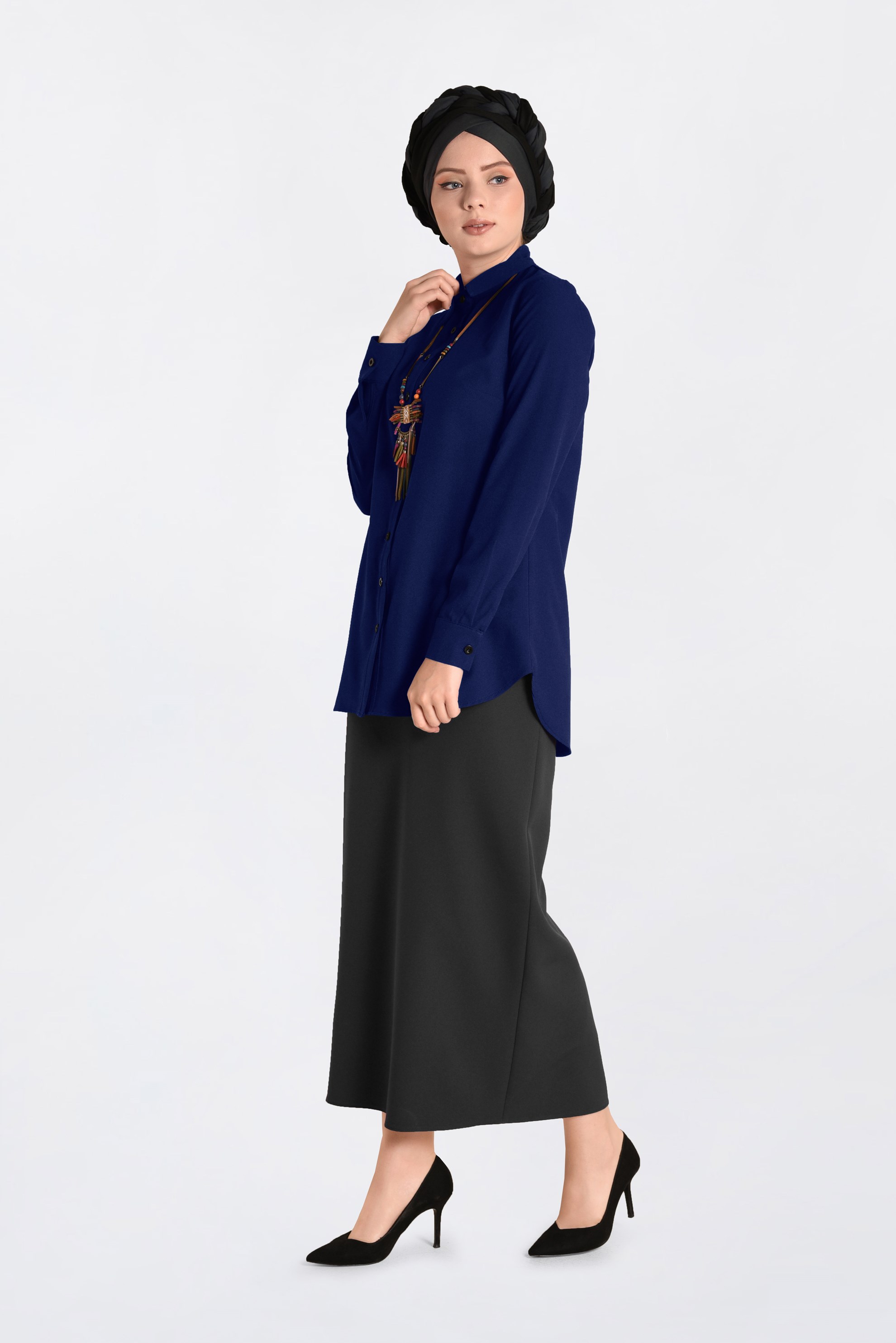 Hijab clothing NAVY BLUE SHIRT-COLLAR BUTTONED BLOUSE 4663 