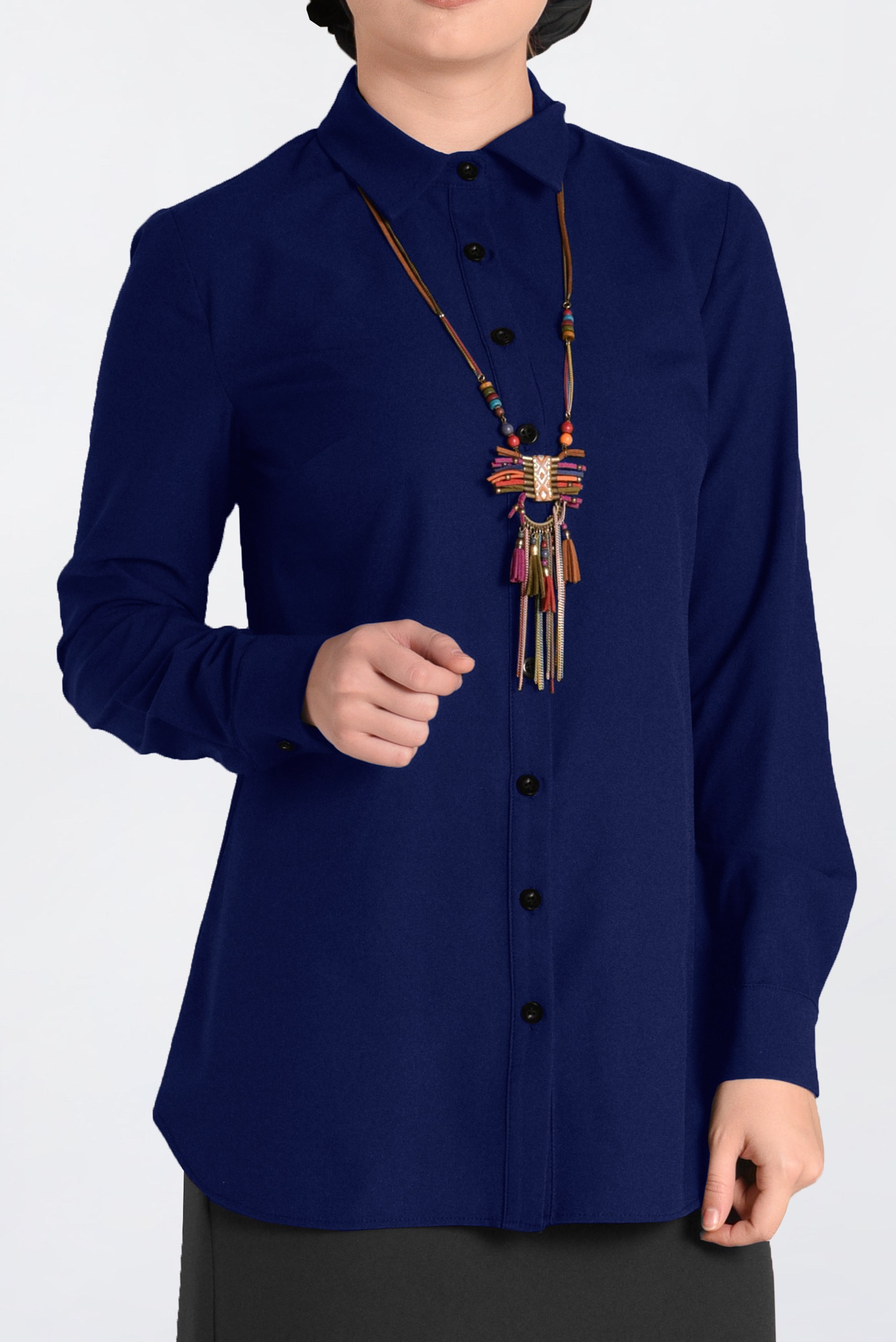 Hijab clothing NAVY BLUE SHIRT-COLLAR BUTTONED BLOUSE 4663 