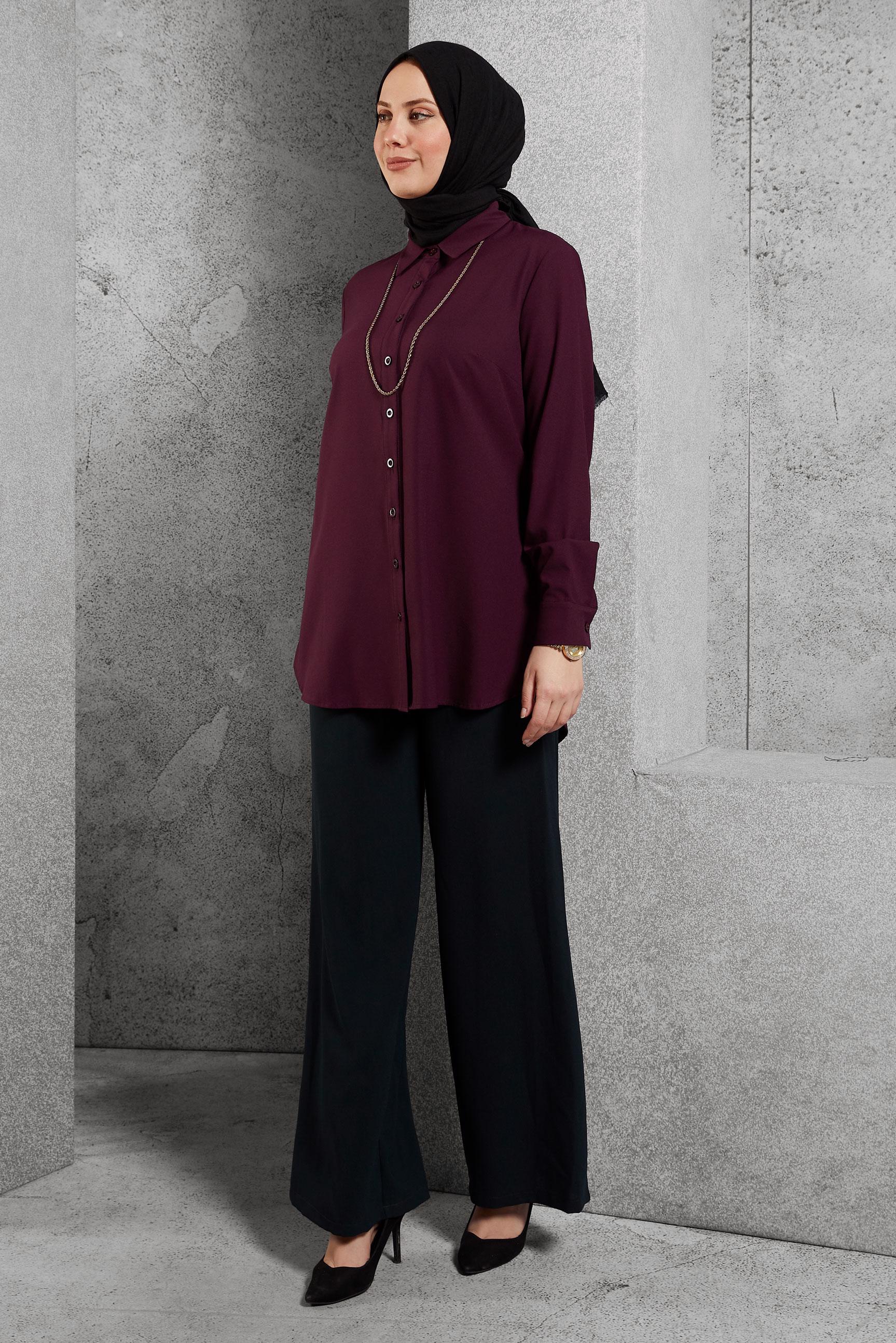 Tesettür giyim MÜRDÜM ERKEK YAKA DÜĞMELİ BLUZ 4663