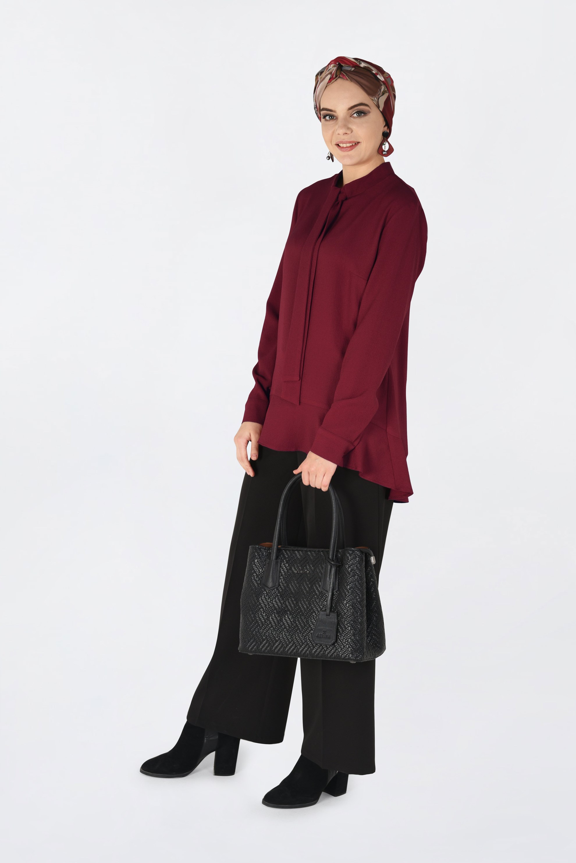 Tesettür giyim BORDO ETEK UCU FIRFIRLI BLUZ 4743 