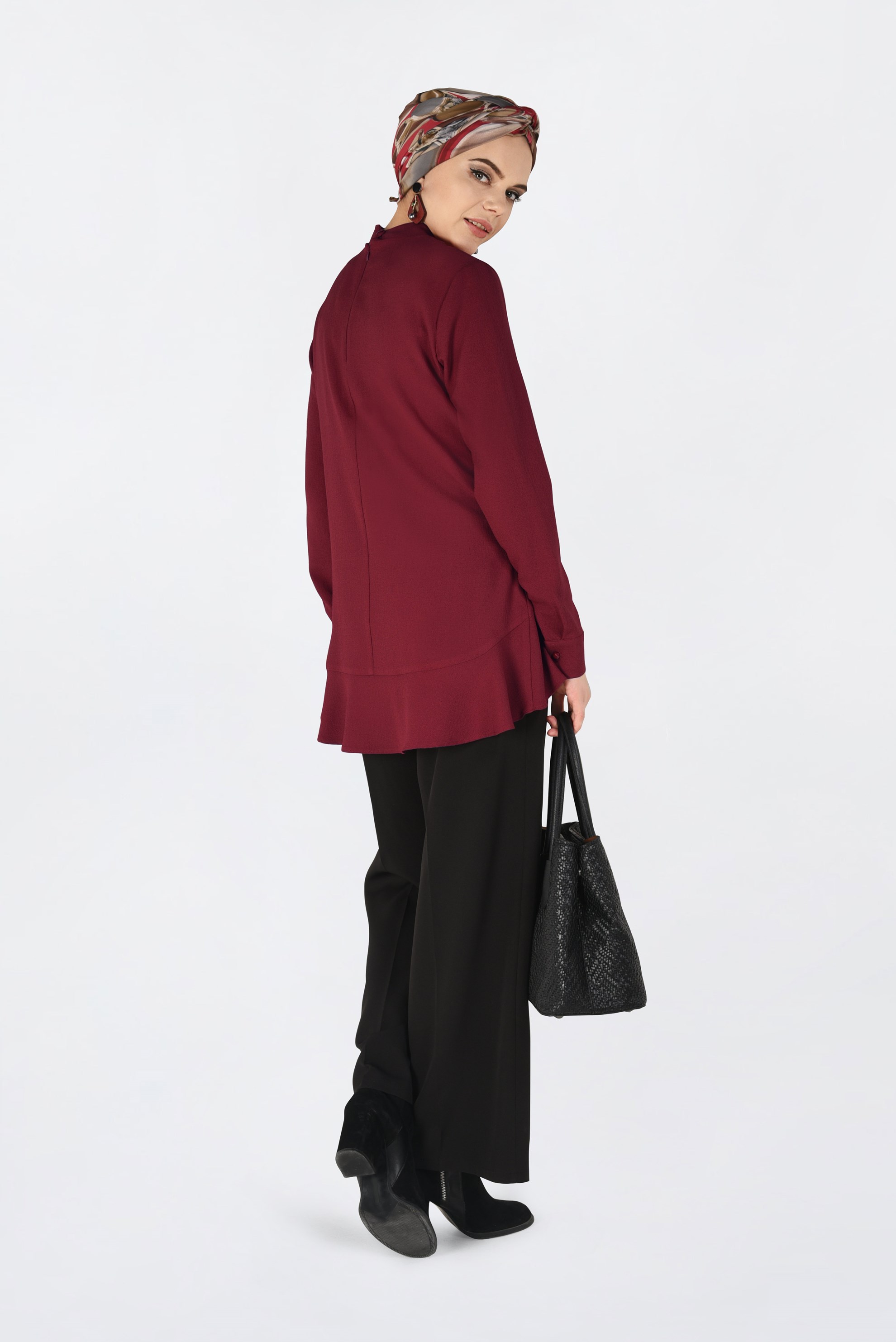 Tesettür giyim BORDO ETEK UCU FIRFIRLI BLUZ 4743 
