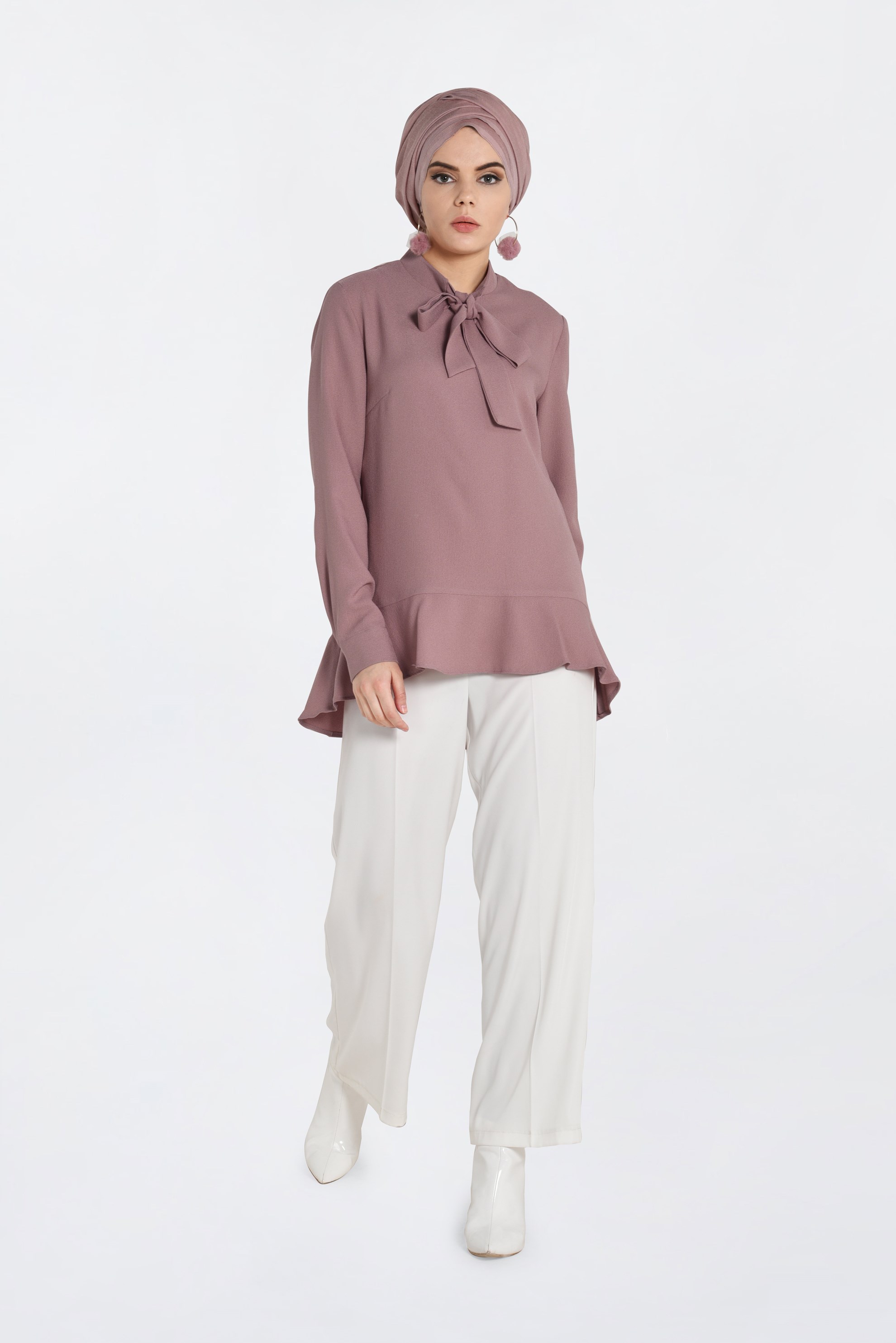 Tesettür giyim PUDRA ETEK UCU FIRFIRLI BLUZ 4743