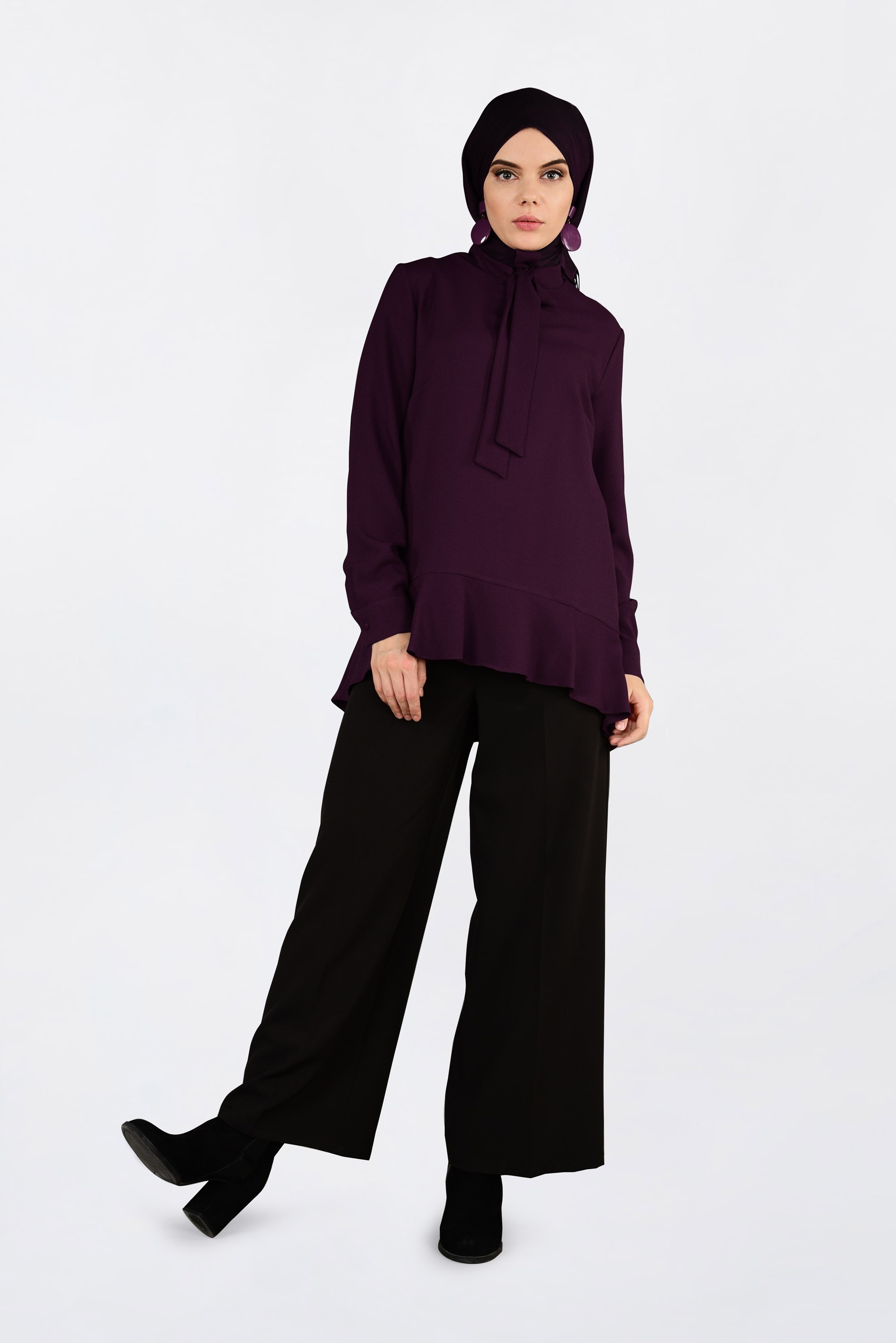 Hijab clothing CLARET RED FLOUNCE-HEM BLOUSE 4743 