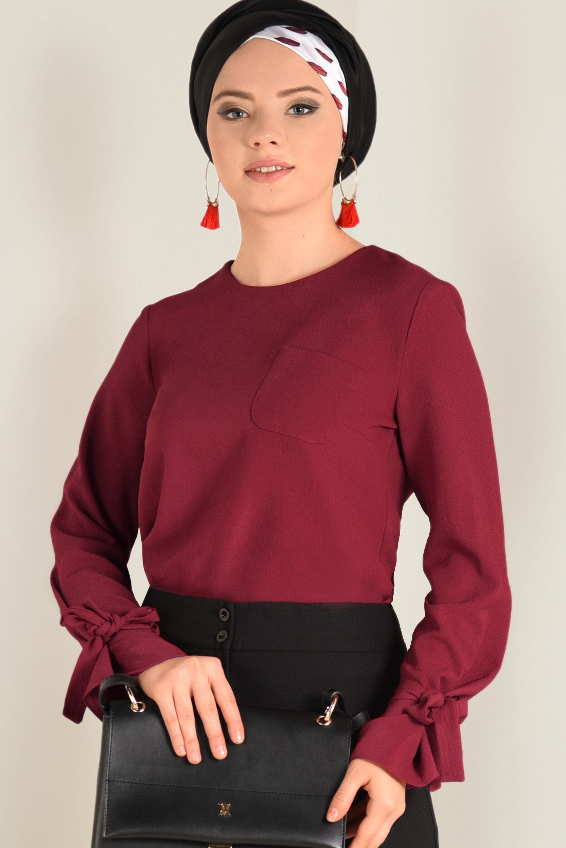 Tesettür giyim BORDO KOLLARI BAĞCIKLI BLUZ 4744