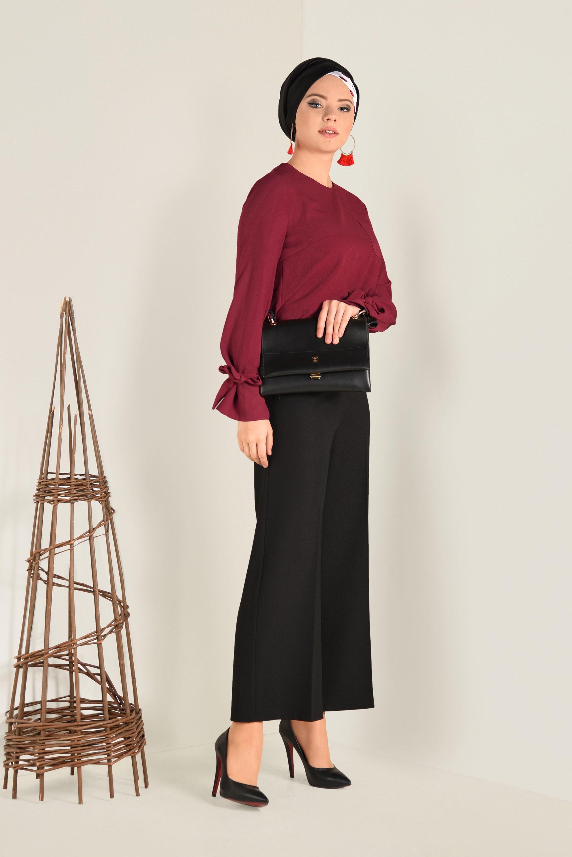 Tesettür giyim BORDO KOLLARI BAĞCIKLI BLUZ 4744