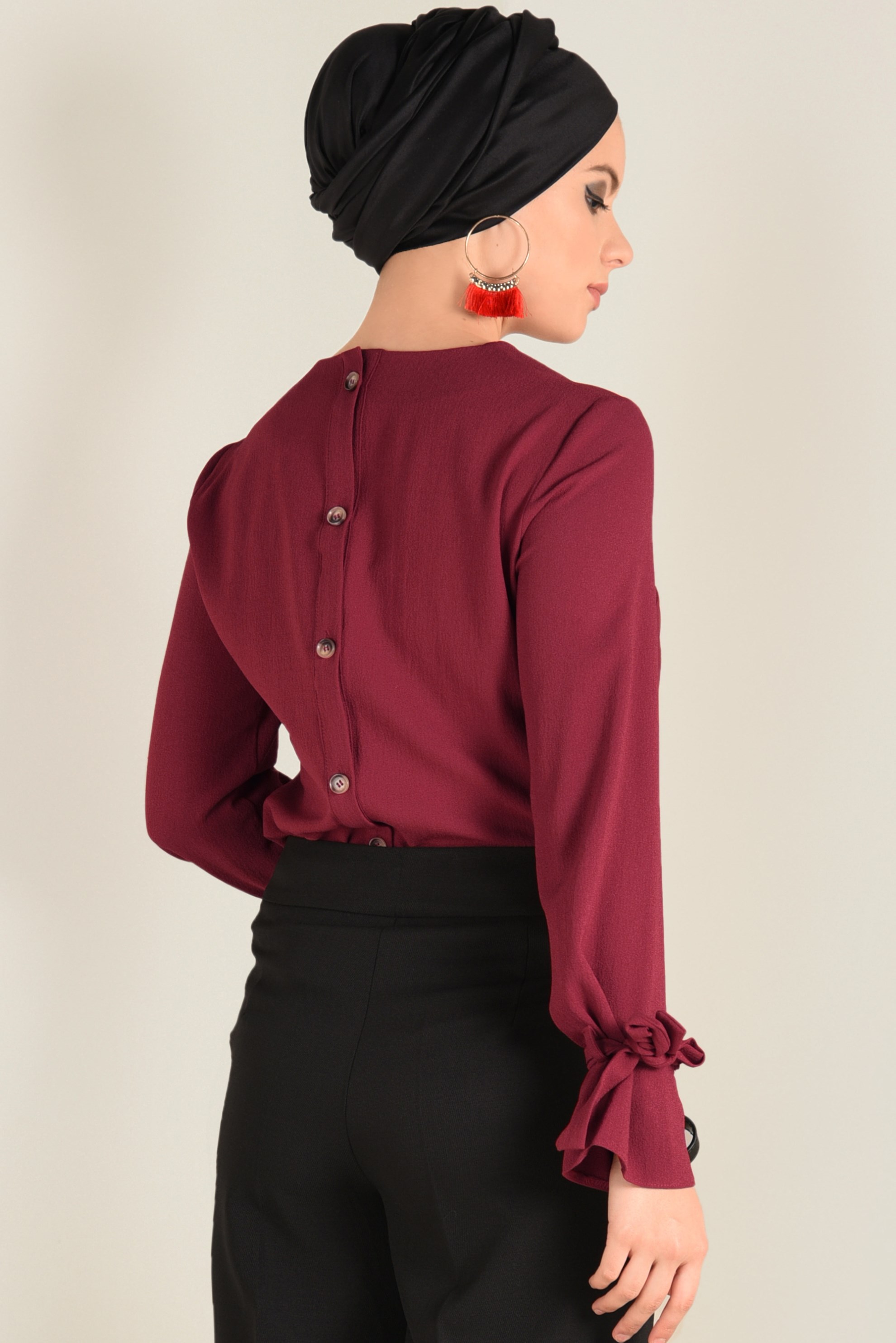 Tesettür giyim BORDO KOLLARI BAĞCIKLI BLUZ 4744