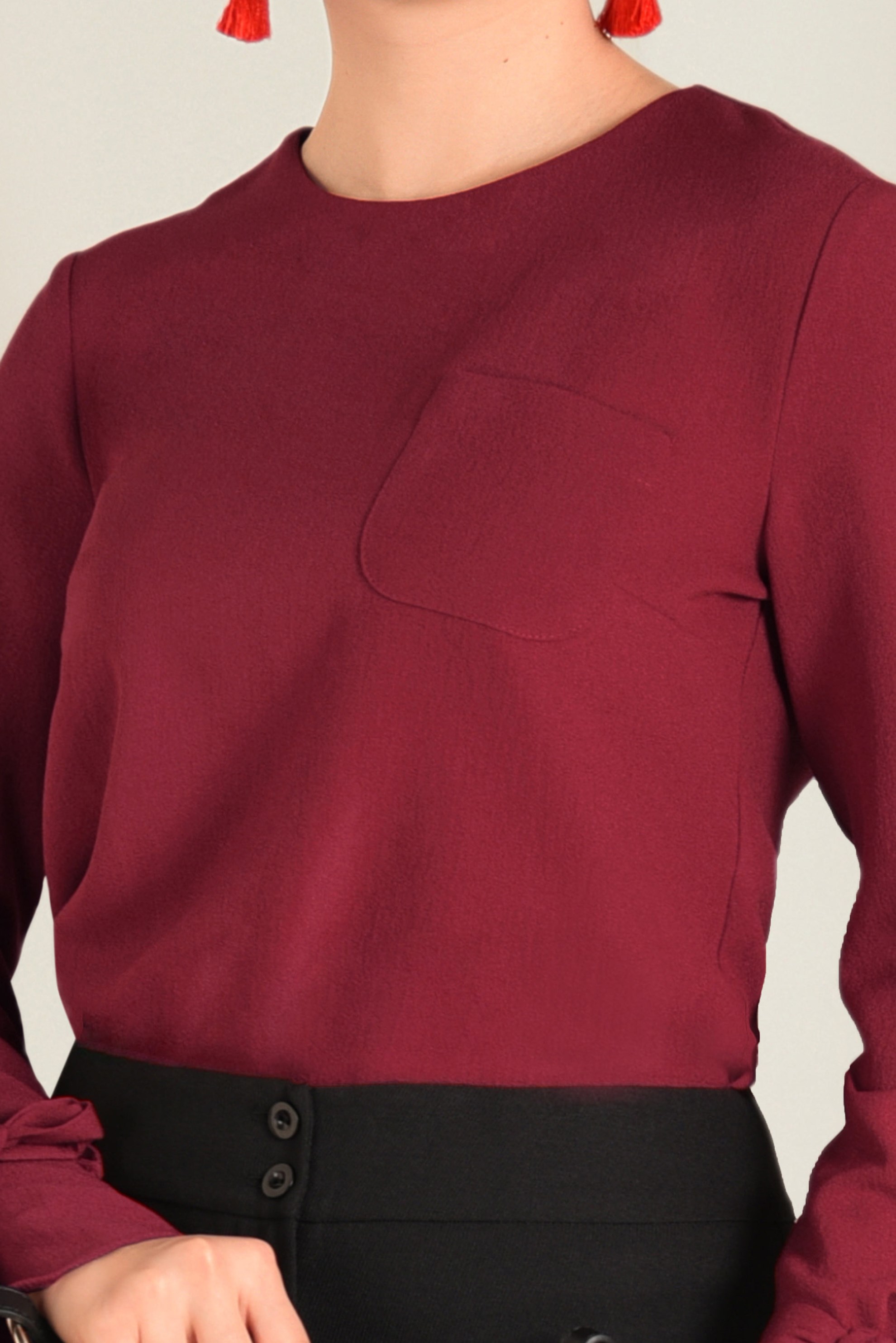 Tesettür giyim BORDO KOLLARI BAĞCIKLI BLUZ 4744
