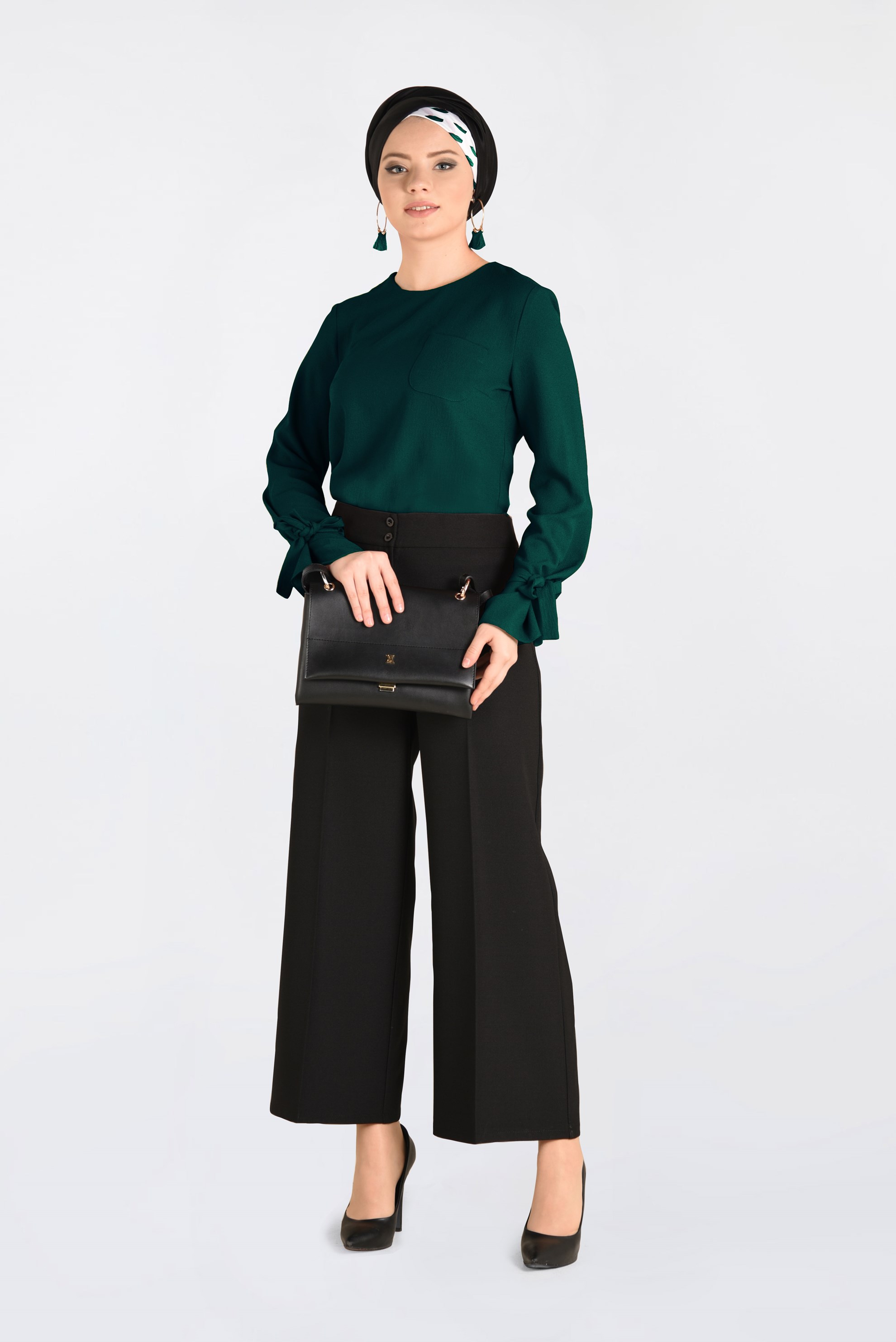 Tesettür giyim YEŞİL KOLLARI BAĞCIKLI BLUZ 4744