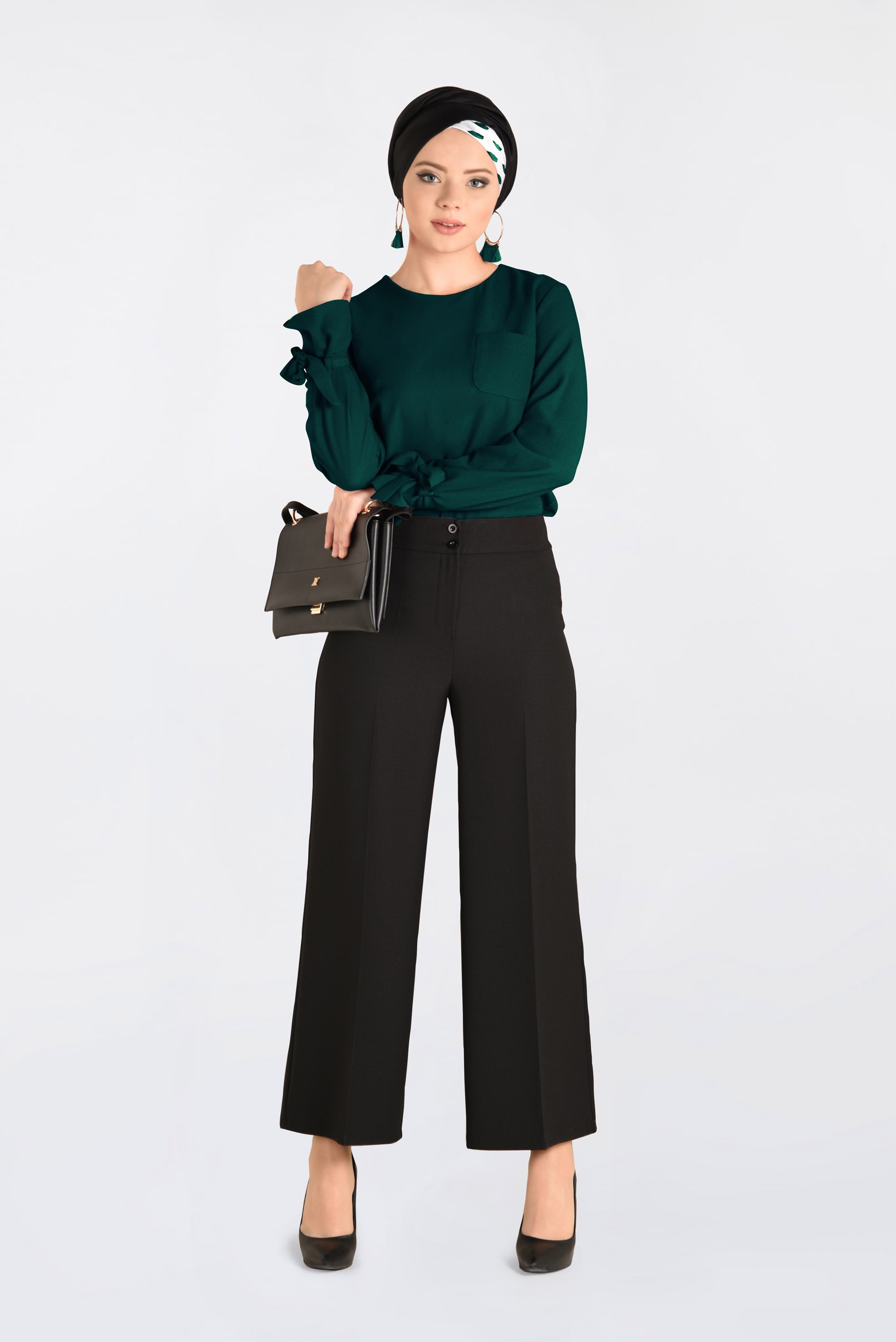 Tesettür giyim YEŞİL KOLLARI BAĞCIKLI BLUZ 4744