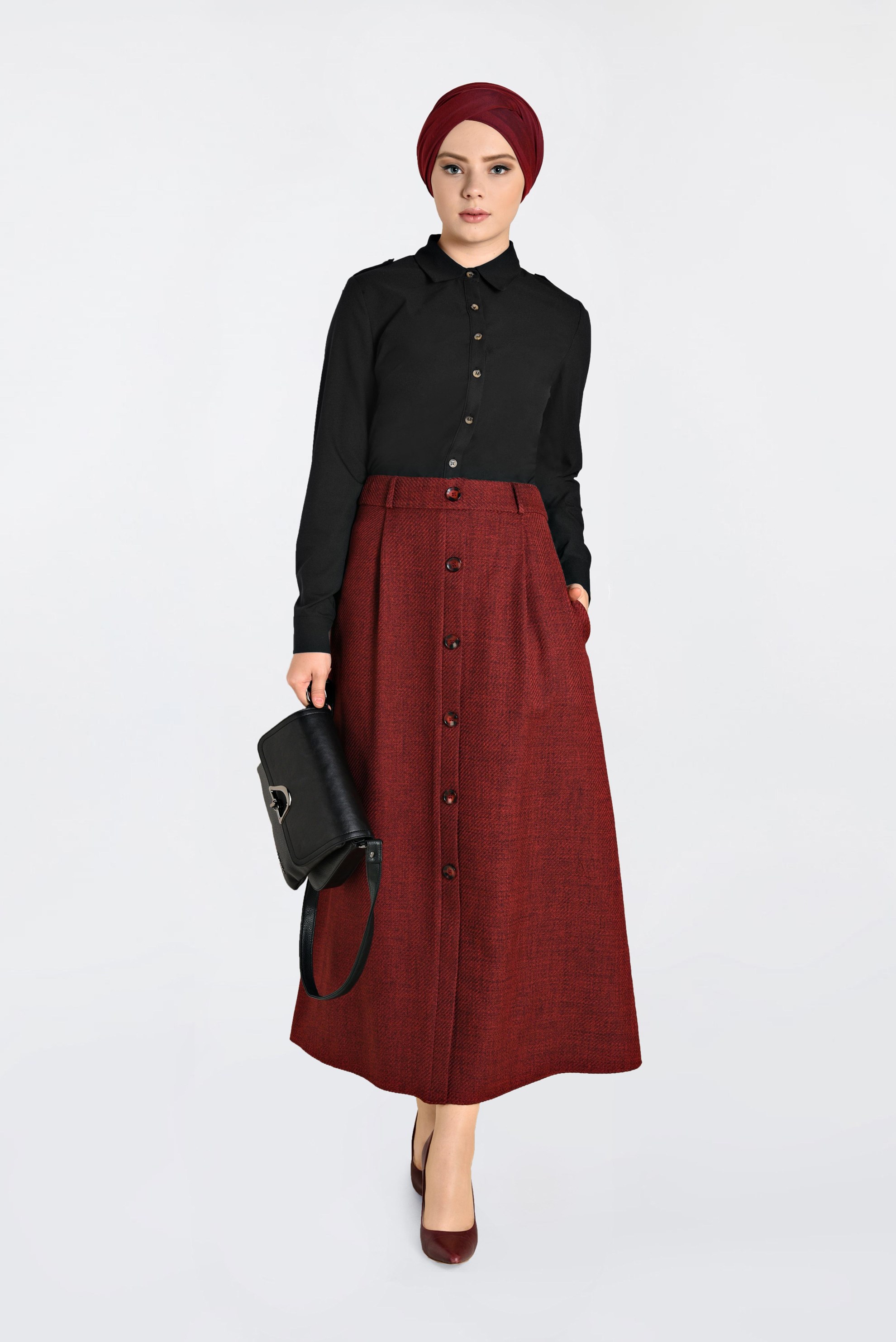 Tesettür giyim SİYAH ÖNDEN DÜĞMELİ ERKEK YAKA KLASİK GÖMLEK 4761