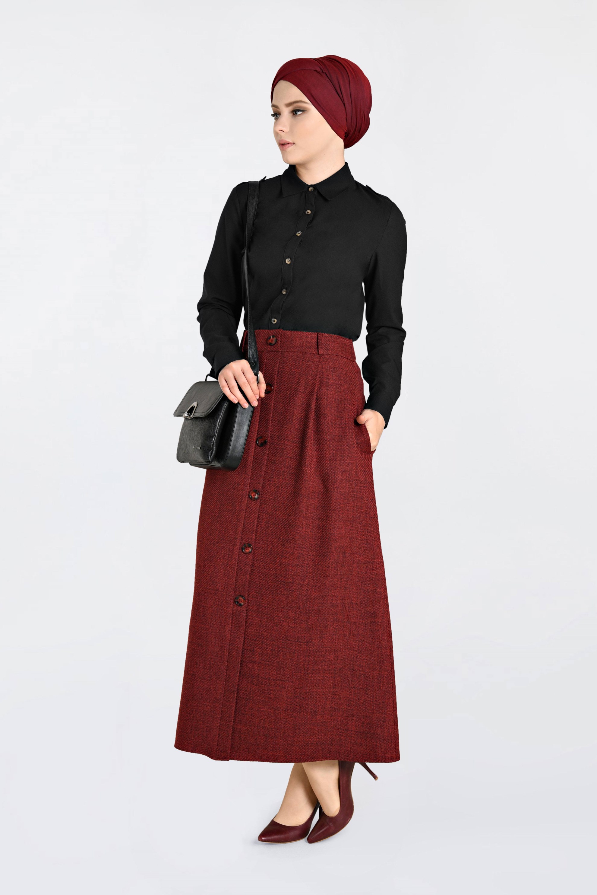 Tesettür giyim SİYAH ÖNDEN DÜĞMELİ ERKEK YAKA KLASİK GÖMLEK 4761