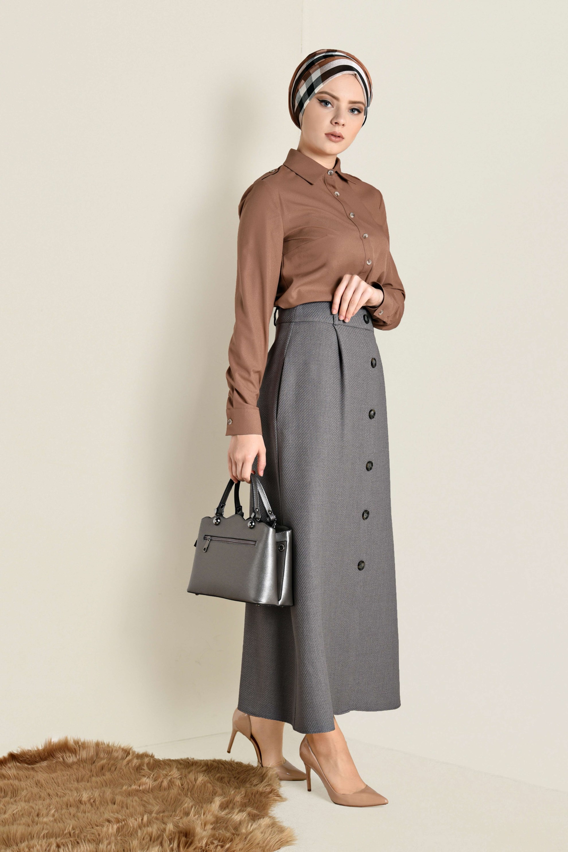 Tesettür giyim TABA ÖNDEN DÜĞMELİ ERKEK YAKA KLASİK GÖMLEK 4761