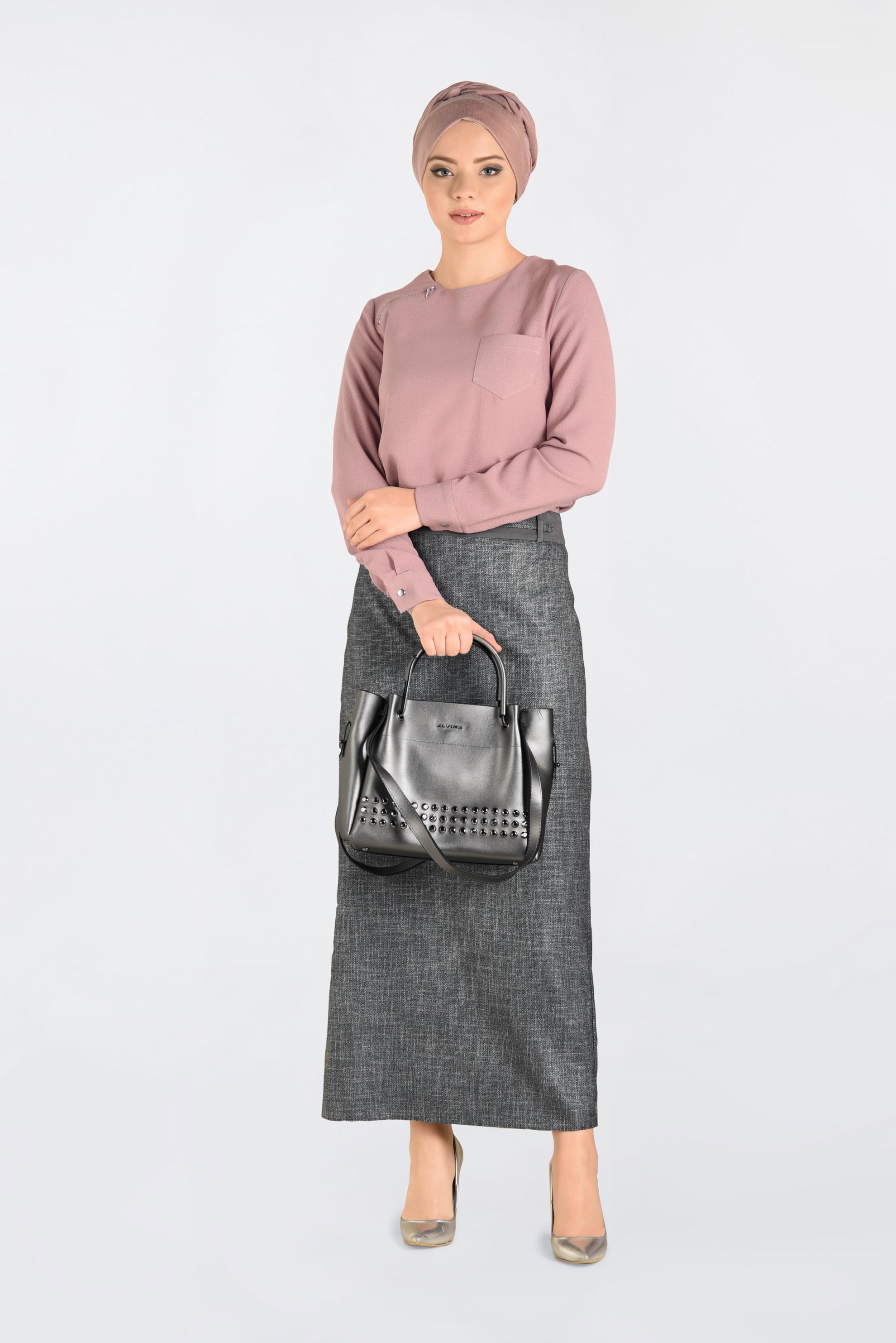 Tesettür giyim PUDRA CEP DETAYLI BİSİKLET YAKA BLUZ 4787