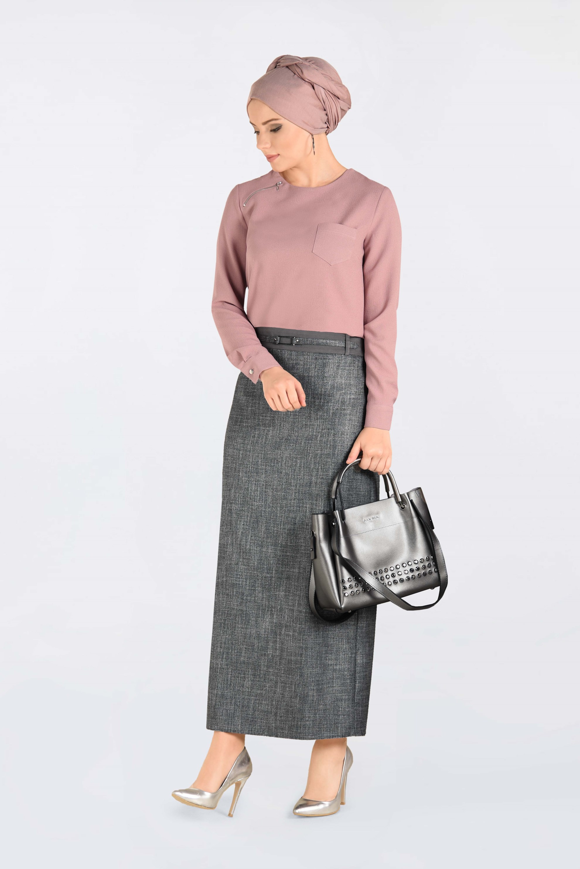 Tesettür giyim PUDRA CEP DETAYLI BİSİKLET YAKA BLUZ 4787