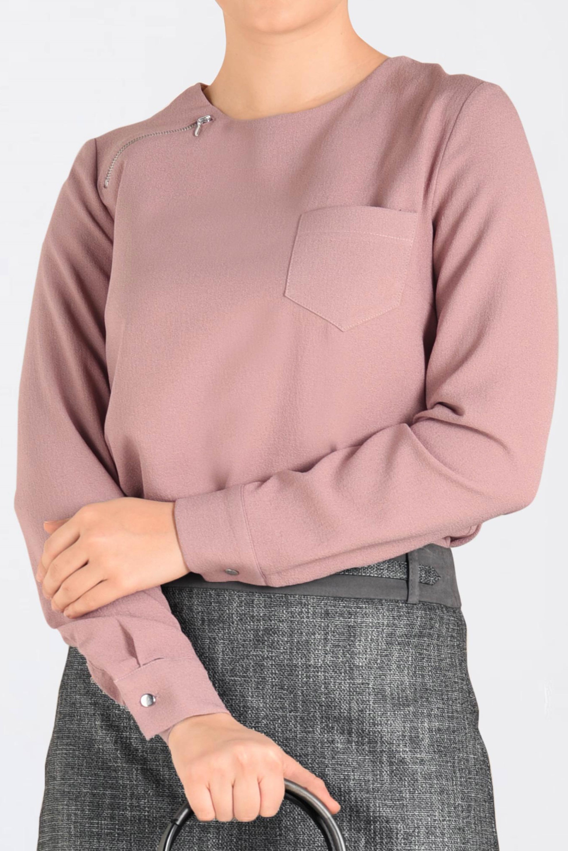 Tesettür giyim PUDRA CEP DETAYLI BİSİKLET YAKA BLUZ 4787